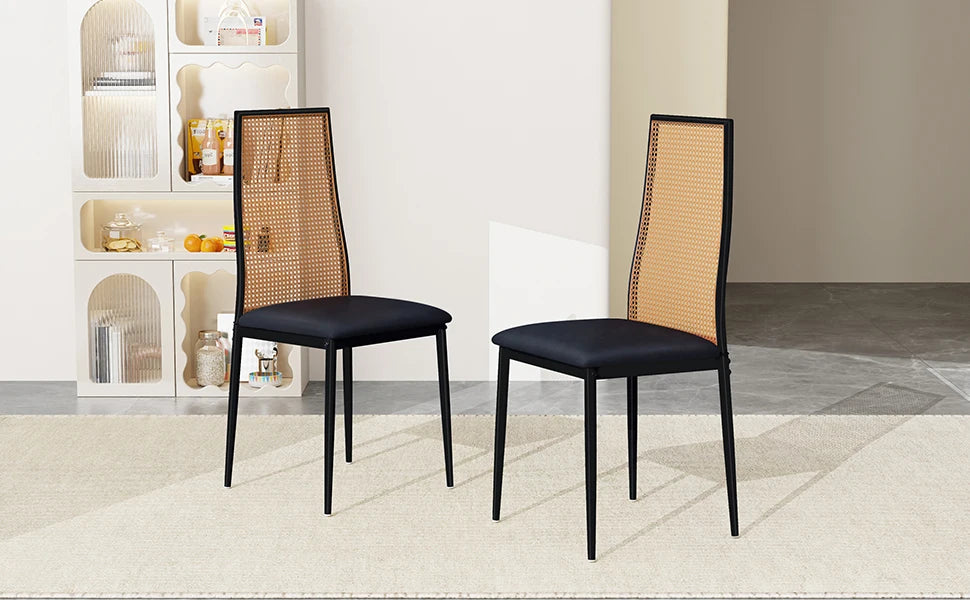 Retro Eetkamerstoelen Set van 2 met Rieten Rugleuning – Comfortabele Gestoffeerde Zitting, Stevig IJzeren Frame, Antislipvoetjes – Voor Keuken, Eetkamer & Terras