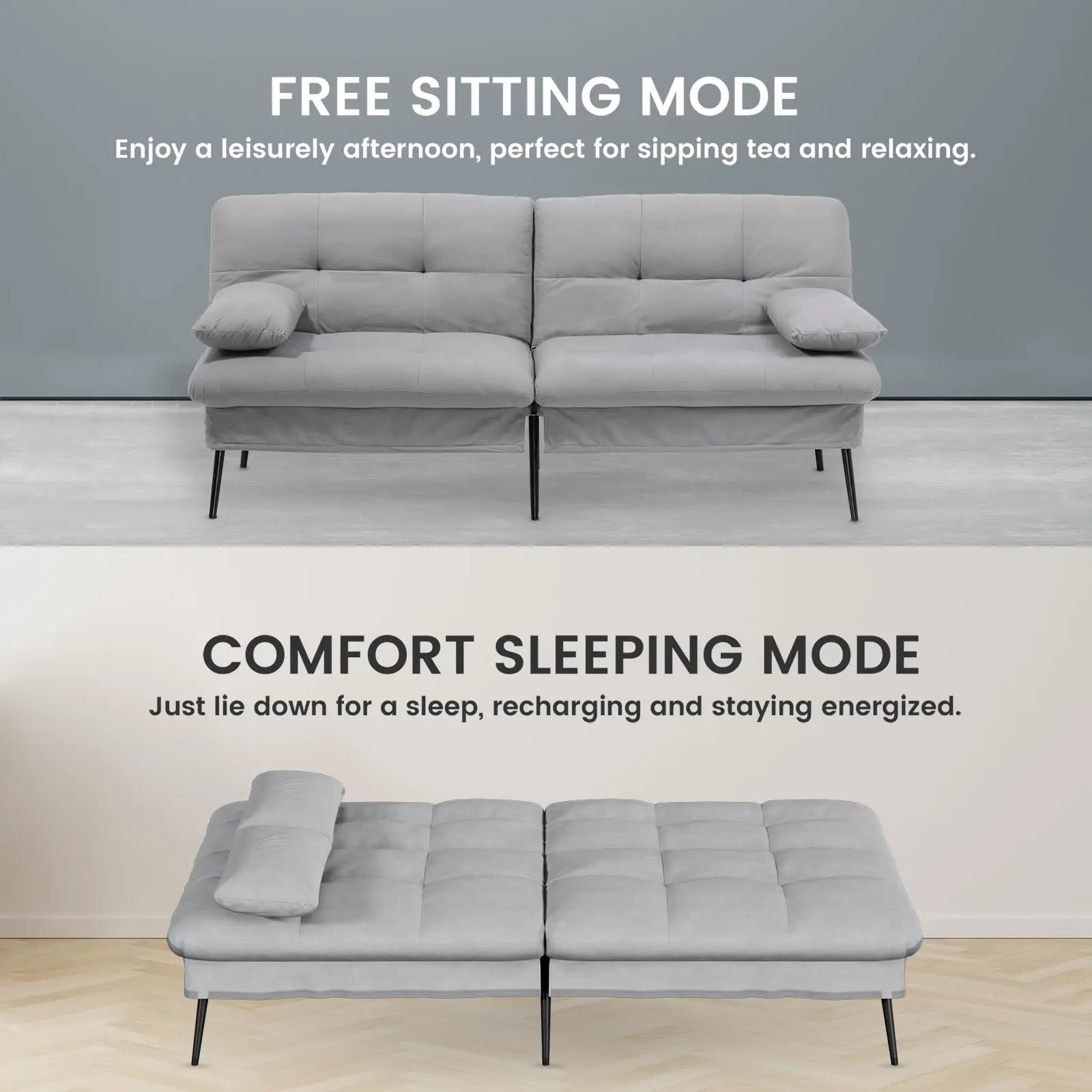 3-Zits Opvouwbare Slaapbank – Futon Hoekbank met Verstelbare Rugleuning – Grijs Stoffen Sofa Bed