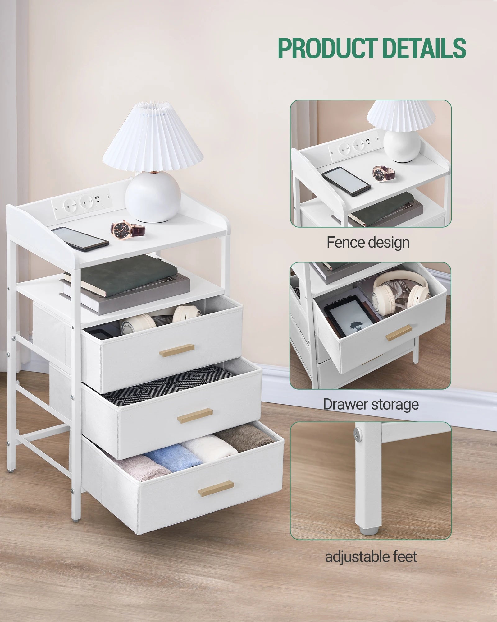 LED Nachtkastje met Oplaadstation en USB – Moderne Bijzettafel met 3 Lades en Plank – Wit/Zwart