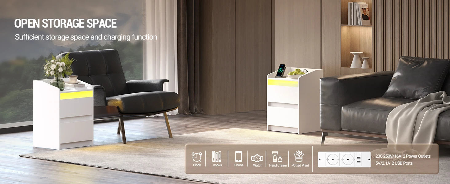 Nachtkastje met LED‑verlichting, Oplaadstation en 2 Lades – Modern Bedside Table