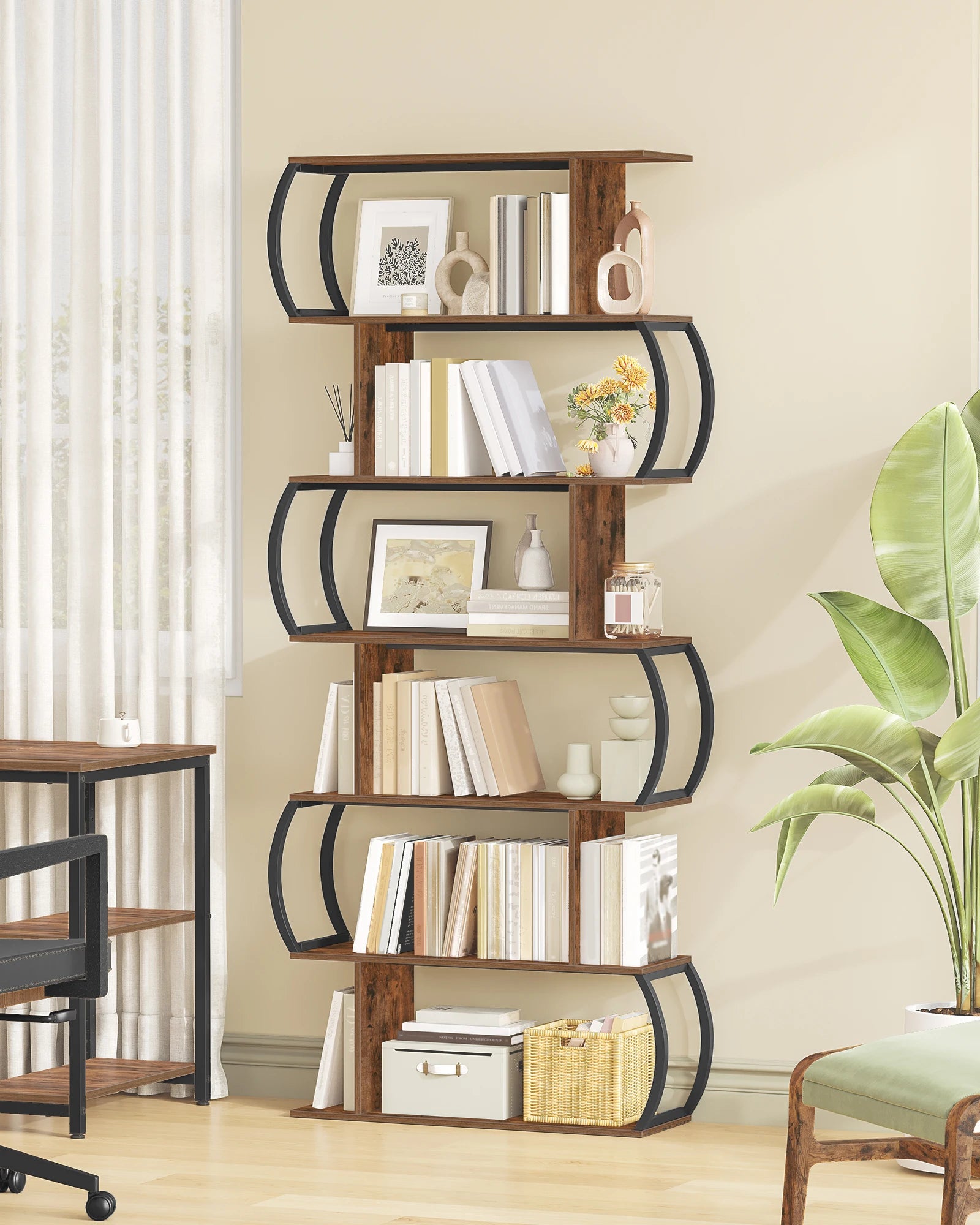 S-vormige Boekenkast 6 Niveaus – Industriële Open Kast van Hout en Metaal – Moderne Opbergkast & Roomdivider