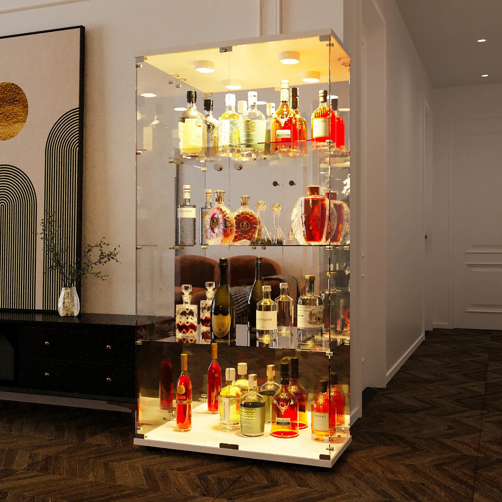 Staande LED Vitrinekast met 4 Niveaus – Moderne Displaykast voor Woonkamer & Slaapkamer