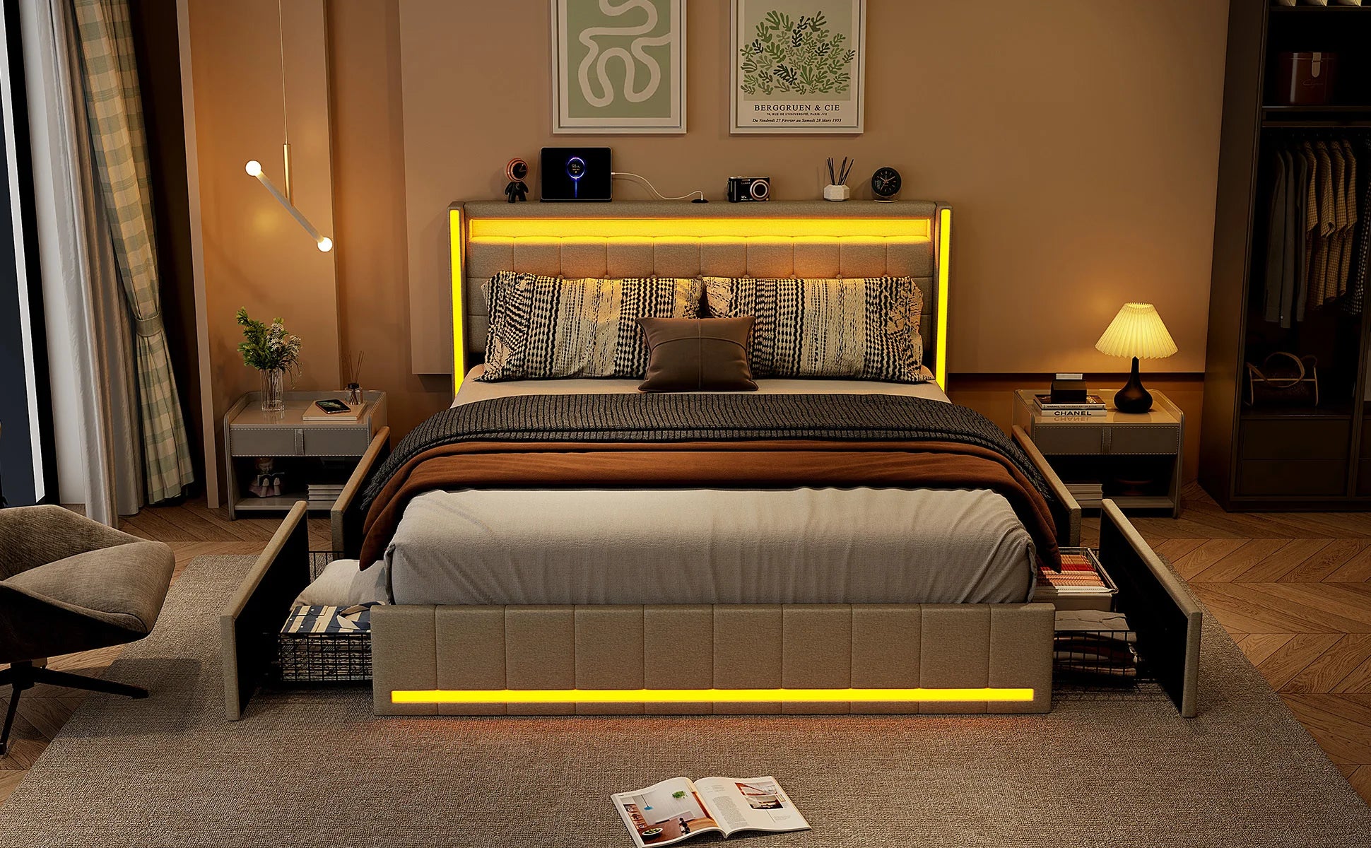 Linnen Bed 140-160x200 cm met Opberglades, LED Verlichting & USB Oplaadpoorten