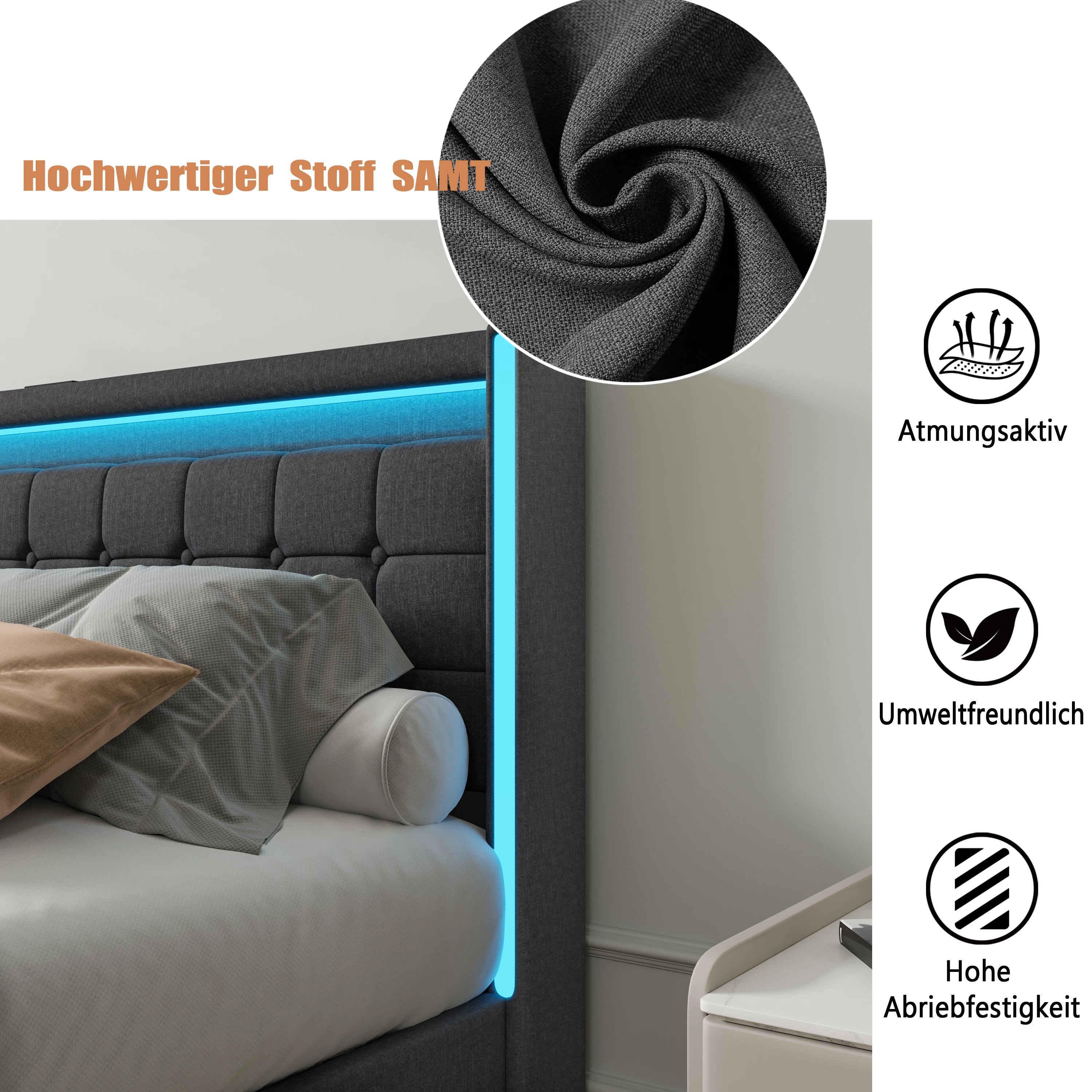 Linnen Bed 140-160x200 cm met Opberglades, LED Verlichting & USB Oplaadpoorten