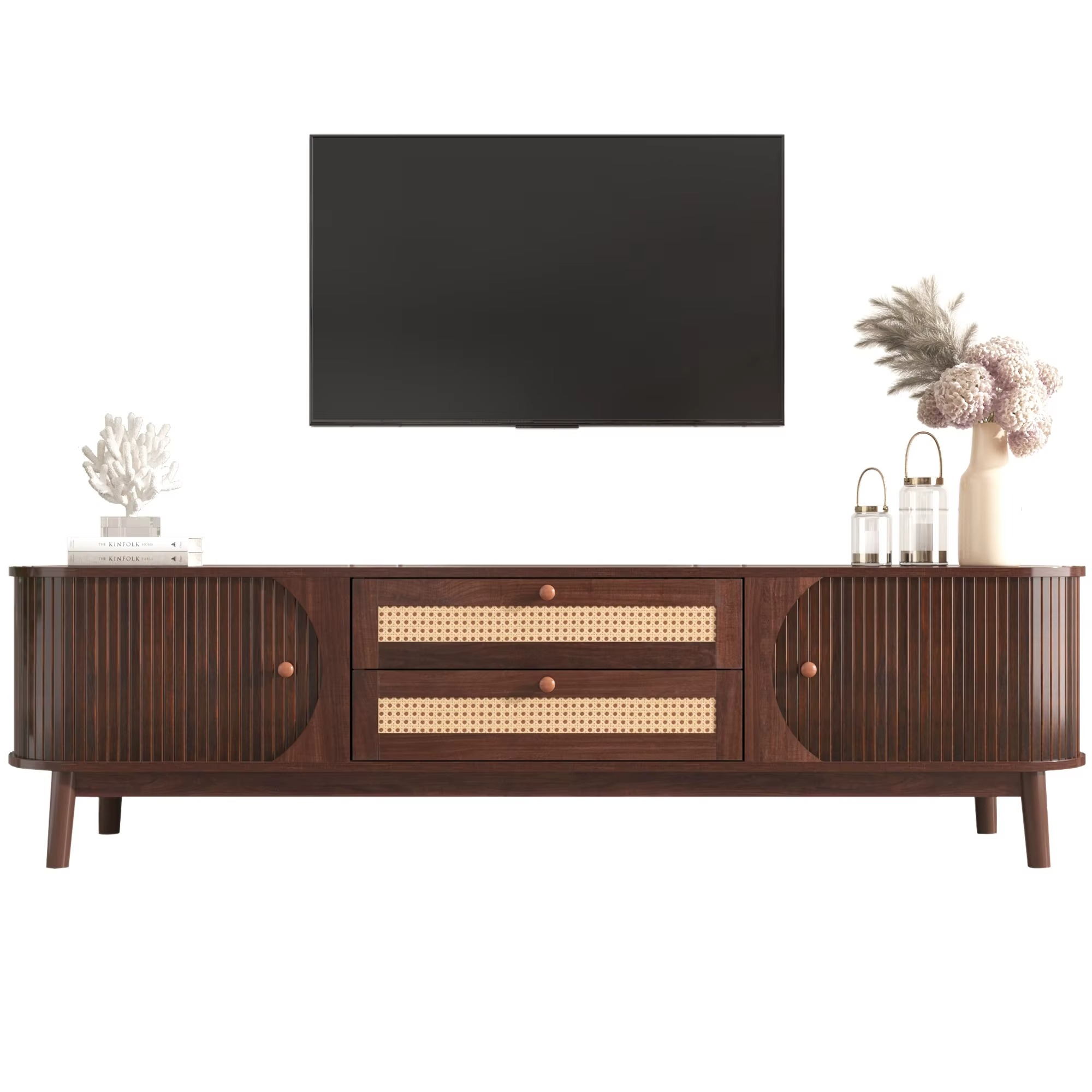 Houten TV Kast Landelijk met Rotan Lades en Deuren – Massief Hout TV Meubel Walnootkleur