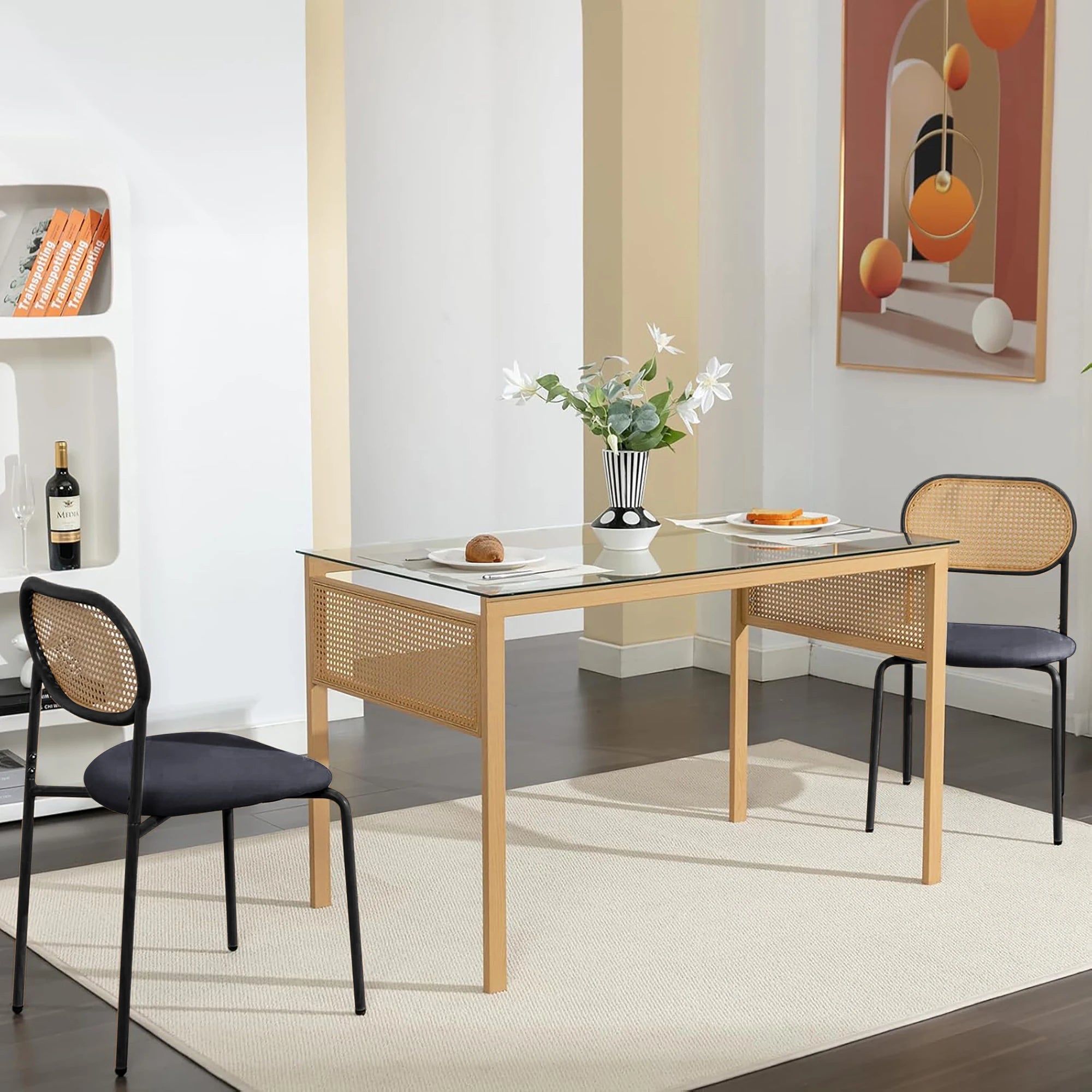 Retro Eetkamerstoelen Set van 2 met Rieten Rugleuning – Comfortabele Gestoffeerde Zitting, Stevig IJzeren Frame, Antislipvoetjes – Voor Keuken, Eetkamer & Terras