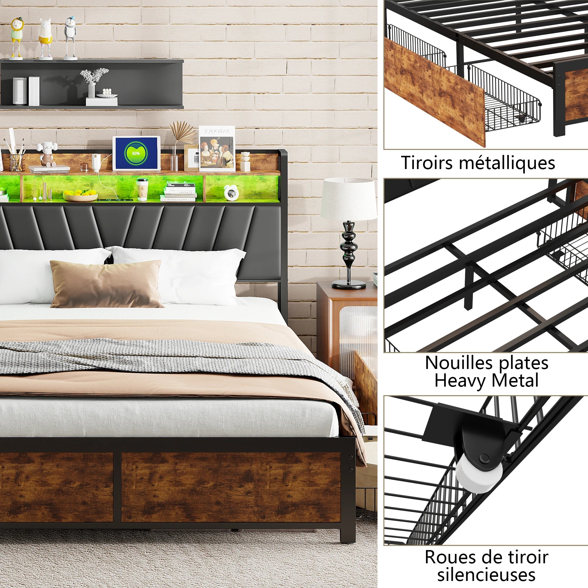 Tweepersoonsbedframe met LED‑verlichting en opbergruimte – 140‑180×200 cm