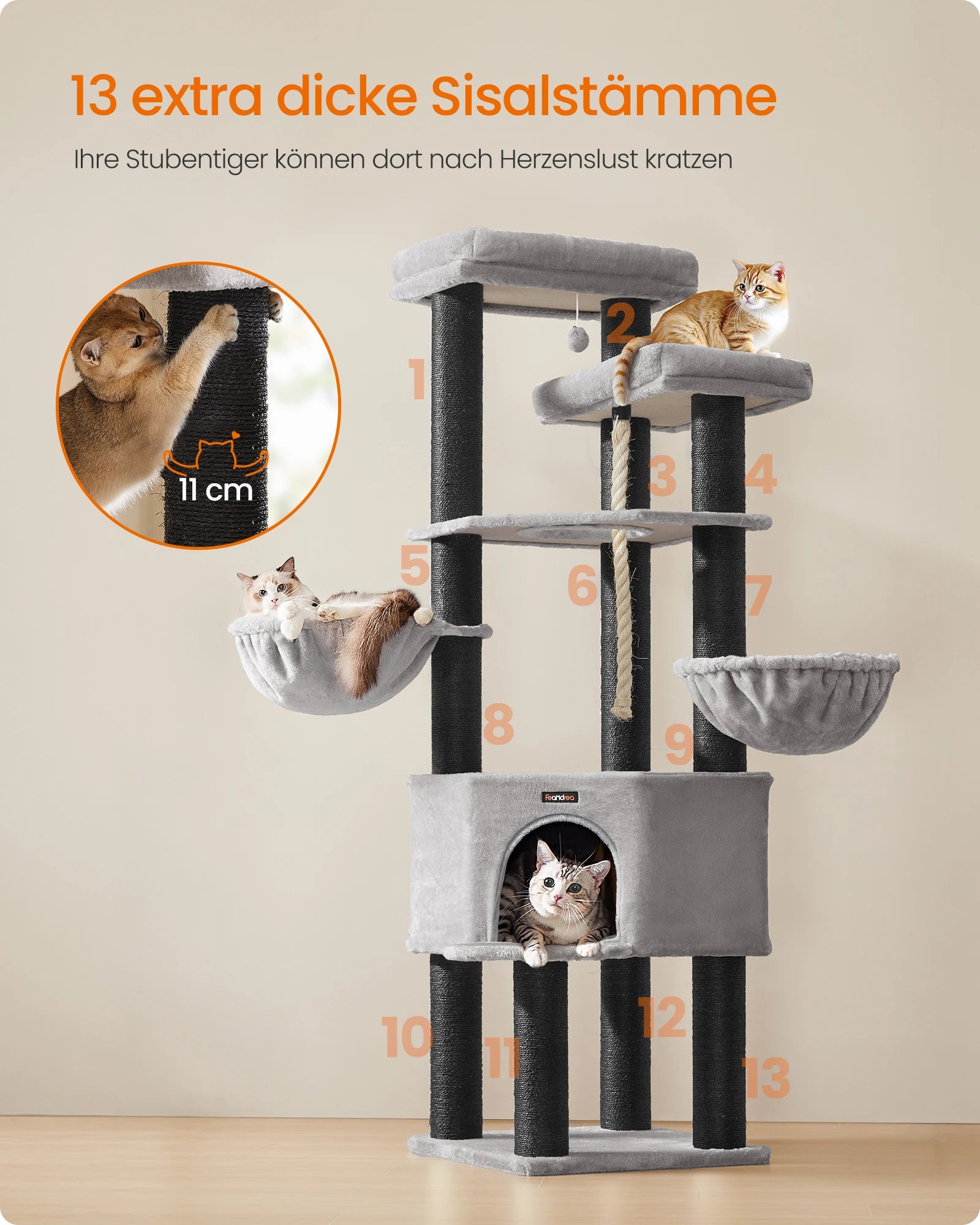 XXL Krabpaal Kattenboom 186 cm – Multi-Level Kattenkrabpaal met 13 Sisalpalen en Ligplatforms – Grijs