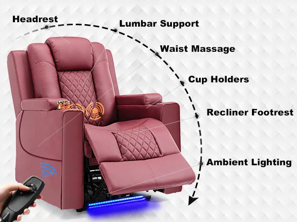 Elektrische Relaxfauteuil met Massage & LED – Verstelbare TV Stoel met Bekerhouders en Opbergvakken – Luxe Home Cinema Fauteuil