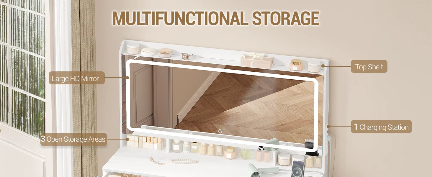 Grote Kaptafel met LED Spiegel en 11 Lades – Luxe Make‑uptafel met Verlichting & USB‑Poorten