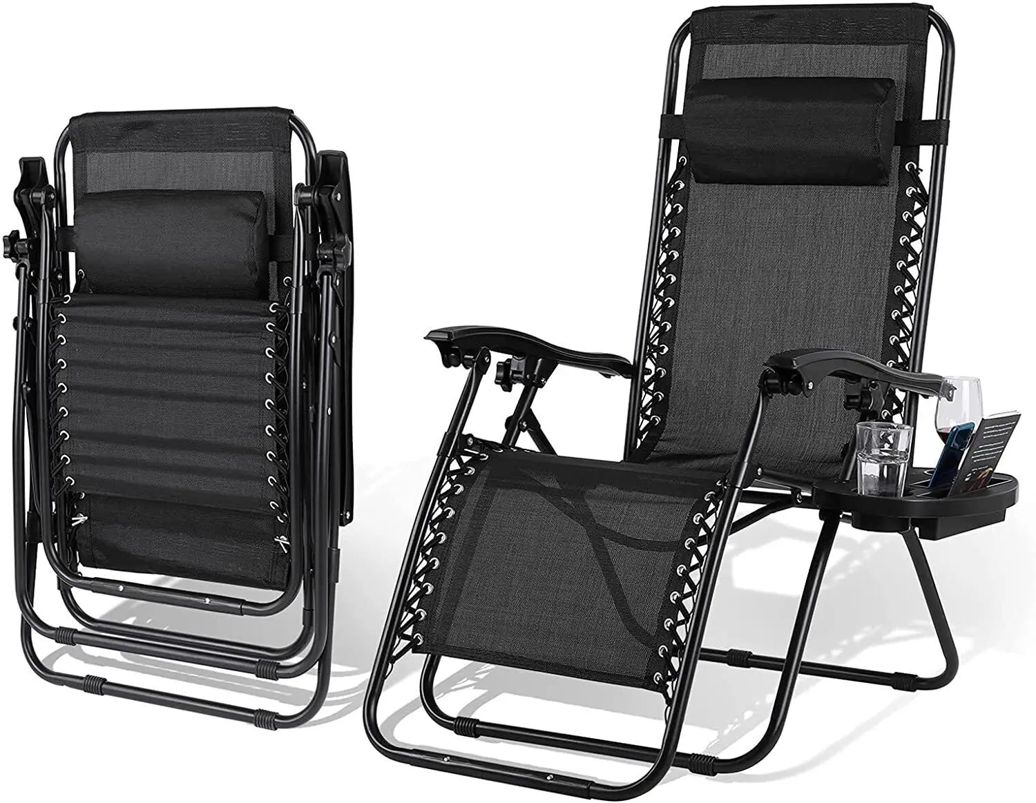Inklapbare Zero Gravity Ligstoel met Bekerhouder en Dienblad – Verstelbare Campingstoel voor Tuin, Strand en Balkon (Tot 140 kg)