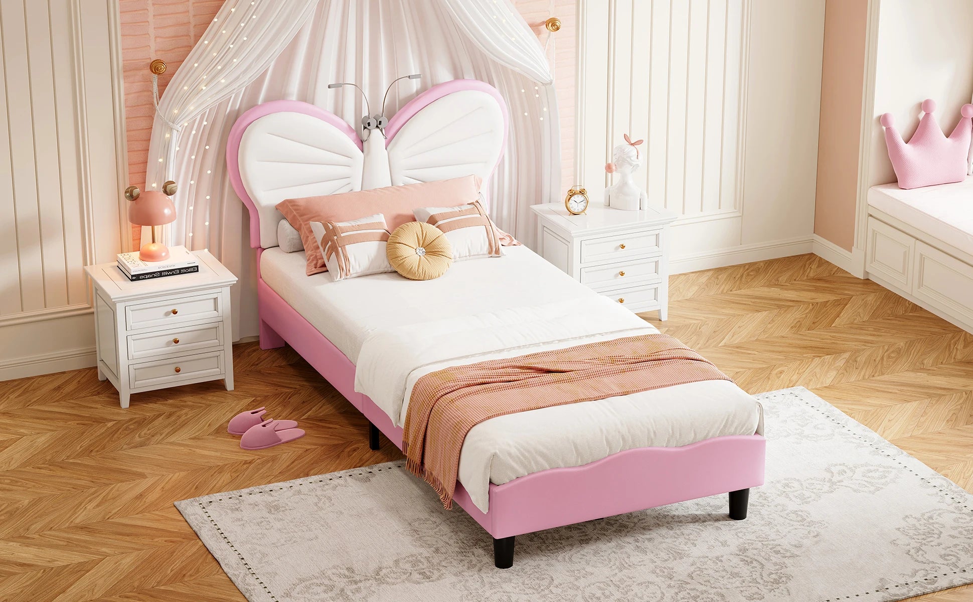 Kinderbed 90x200 cm verstelbaar hoofdeinde – meisjesbed met LED‑leeslampjes
