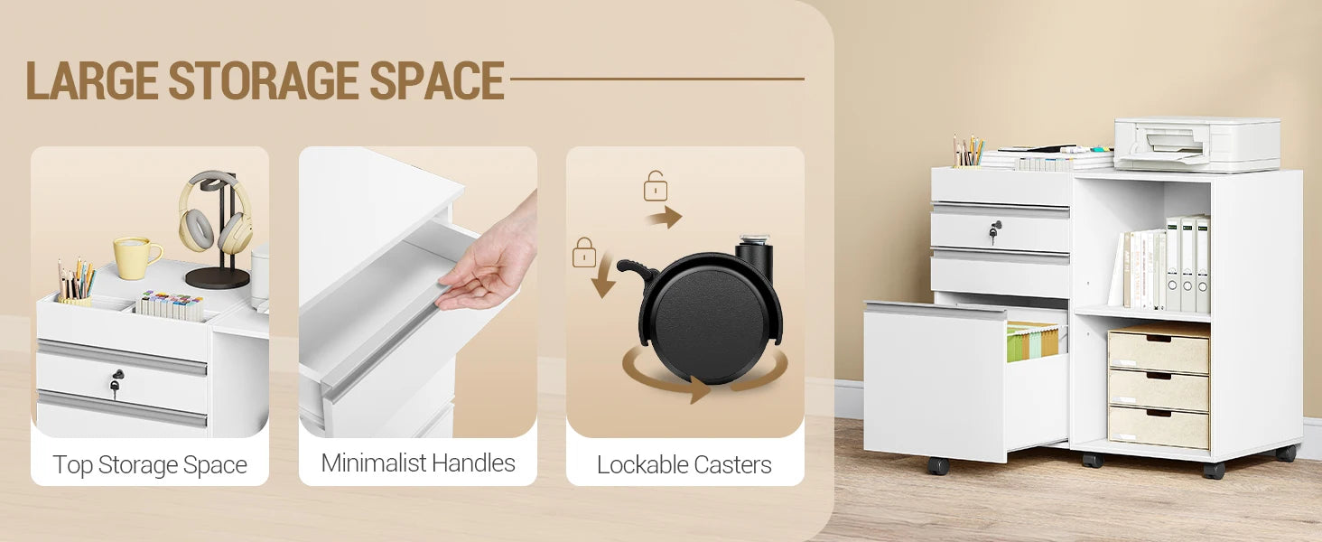 Mobiele 3‑Laden Archiefkast onder Bureau – Rolcontainer met Slot voor Kantoor en Thuis