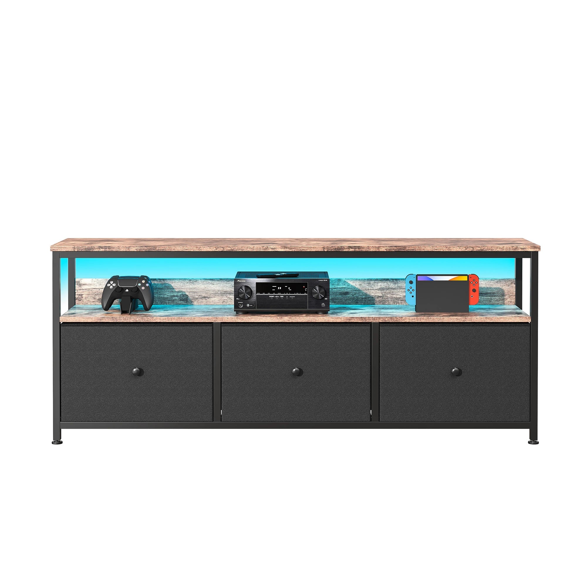 Vintage LED TV‑Meubel met 3 Stoffen Lades – Industrieel & Retro Design