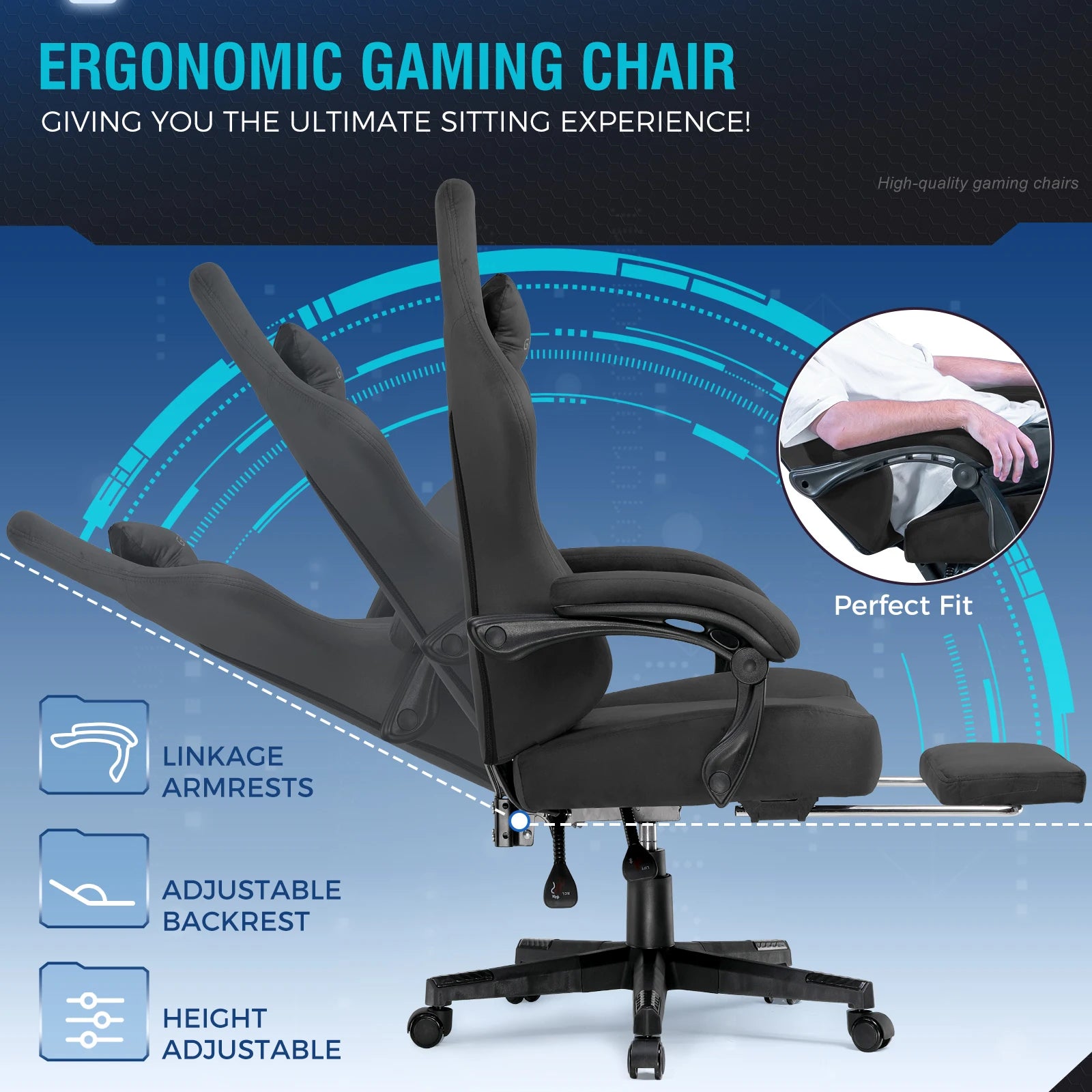 Ergonomische Gaming Stoel met Voetsteun en 150° Verstelbare Rugleuning – Ademend Stoffen Bureaustoel voor Gaming & Kantoor