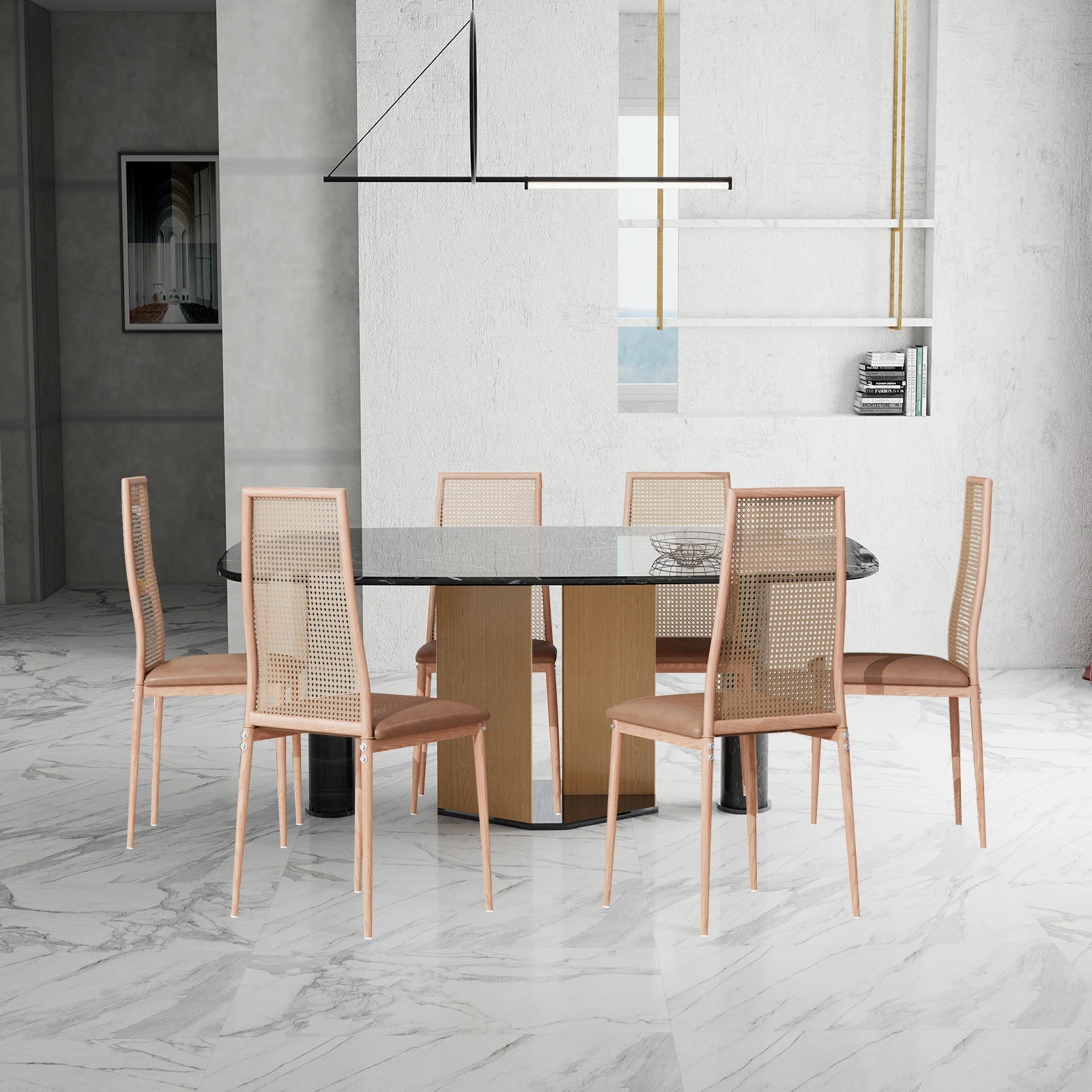 Retro Eetkamerstoelen Set van 2 met Rieten Rugleuning – Comfortabele Gestoffeerde Zitting, Stevig IJzeren Frame, Antislipvoetjes – Voor Keuken, Eetkamer & Terras