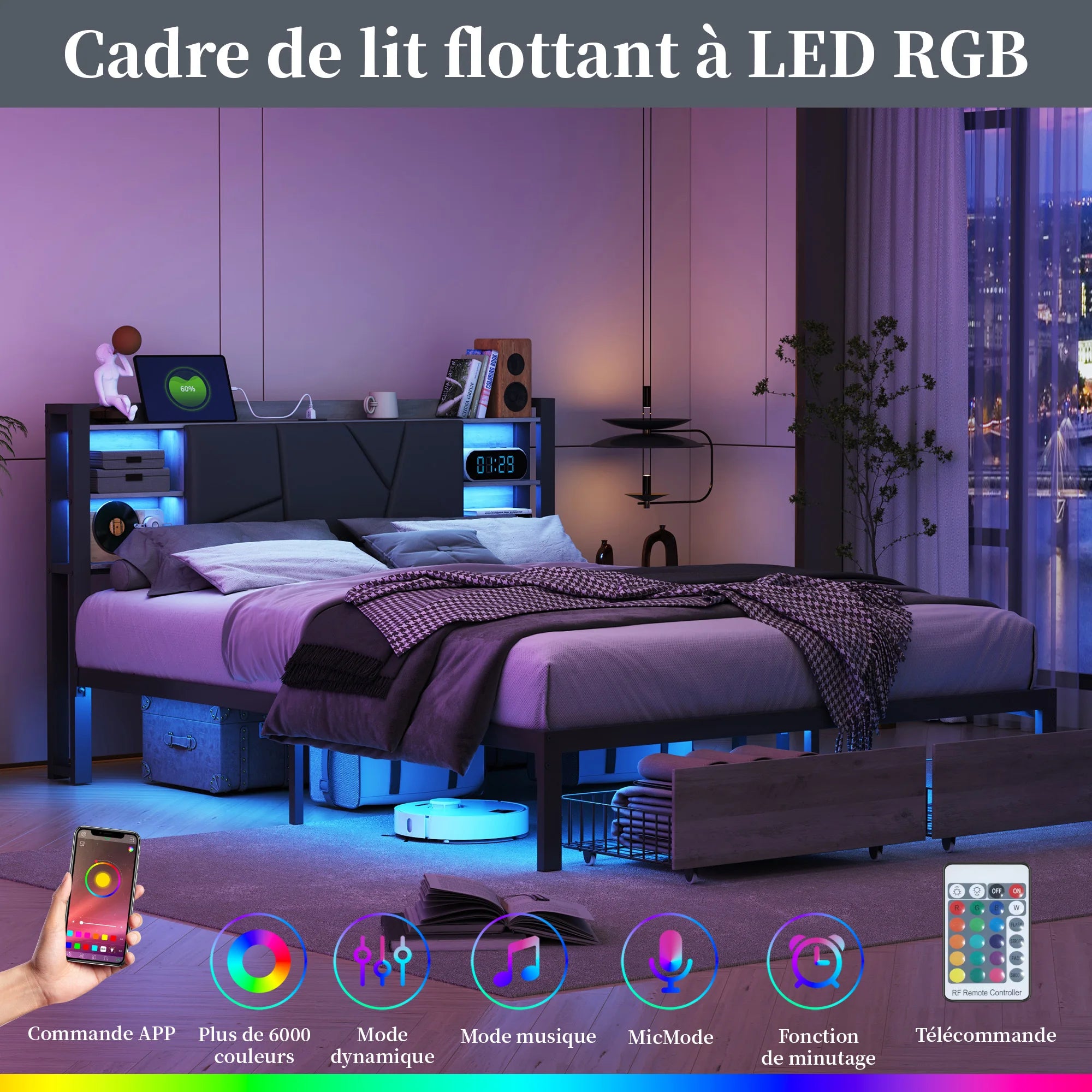 Gestoffeerd Tweepersoonsbed met Lade‑Opbergruimte, LED‑Verlichting en USB‑Oplaadpoort – 140/160/180 × 200 cm