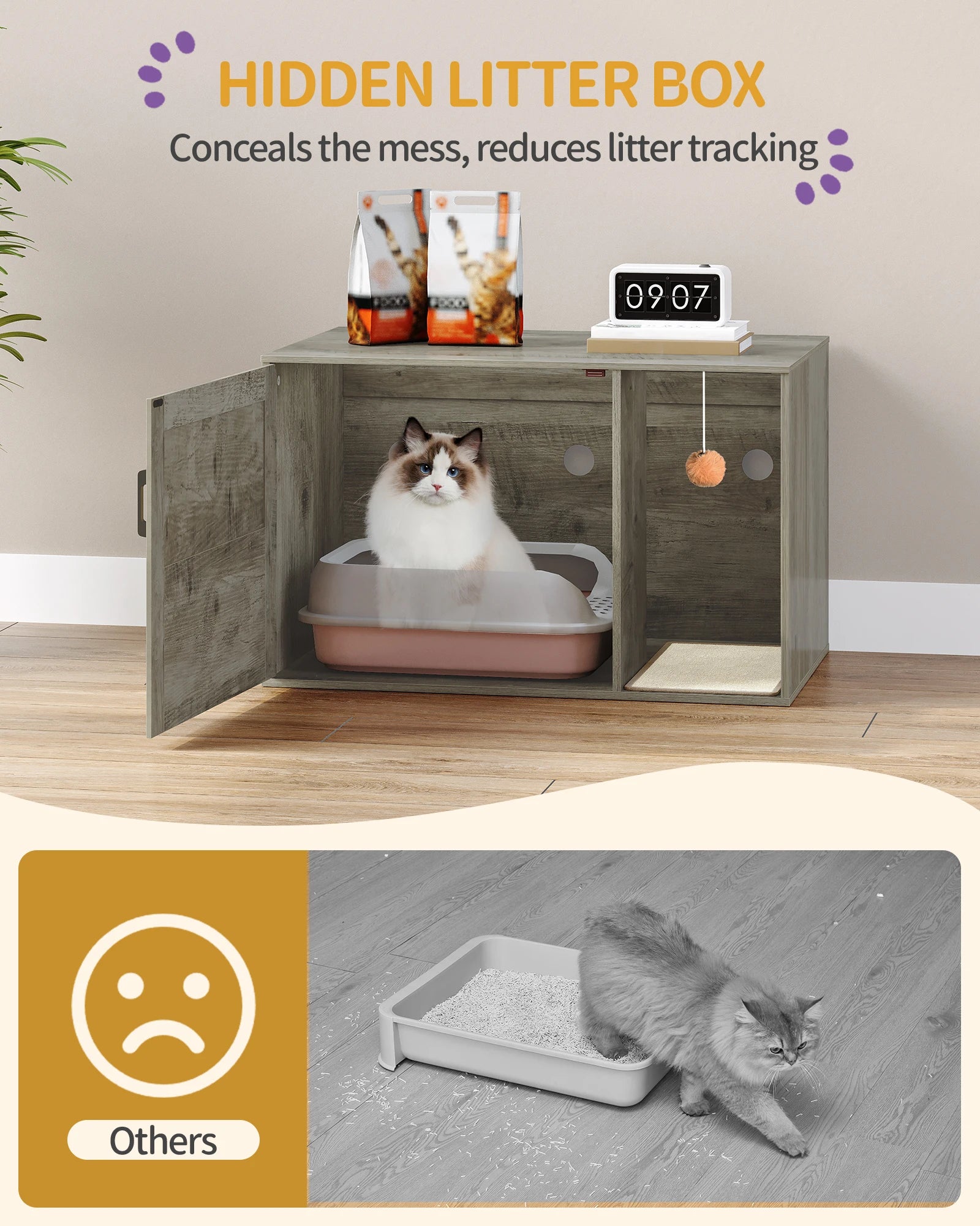 Grijze Kattenkast met Rieten Deur – Verborgen Kattenbak & Stijlvol Kattenhuis met Opbergruimte