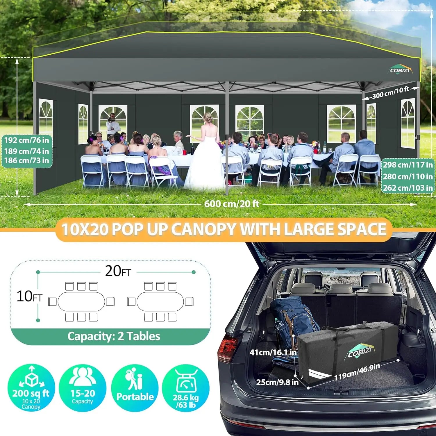 3X6 Pop-Up Gazebo, Waterproof Party Tent with 6 Sidewalls,Garden Gazebo with Reflective Stripes&Ventilation Opening for Weddings