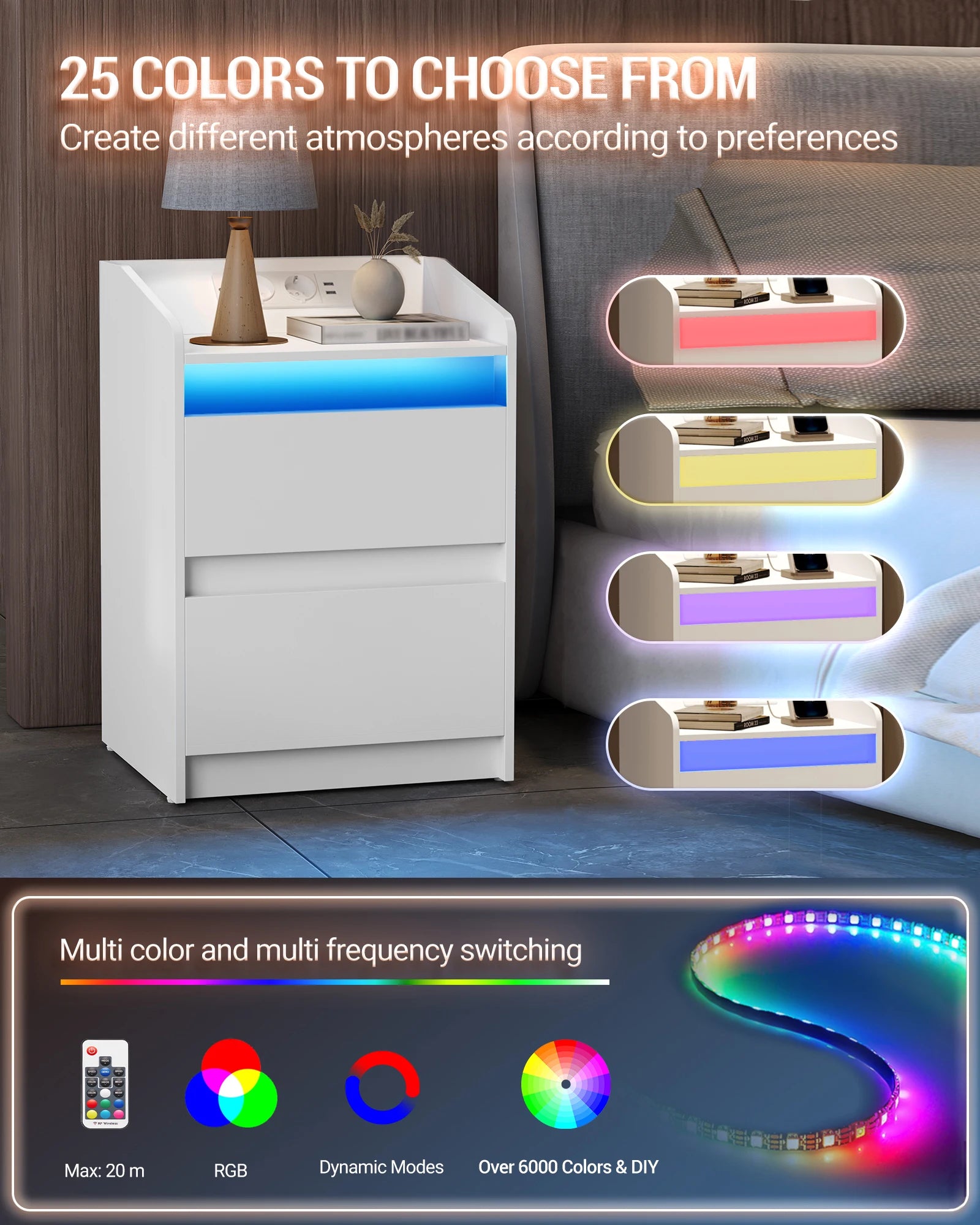 Nachtkastje met LED‑verlichting, Oplaadstation en 2 Lades – Modern Bedside Table