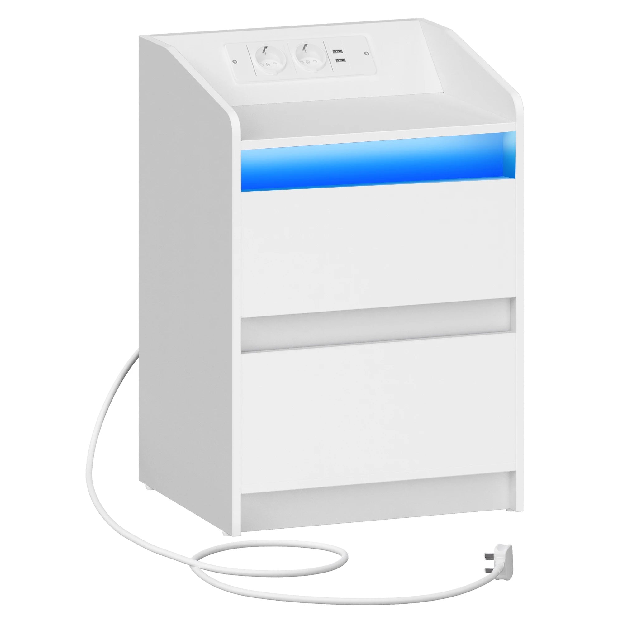 Nachtkastje met LED‑verlichting, Oplaadstation en 2 Lades – Modern Bedside Table
