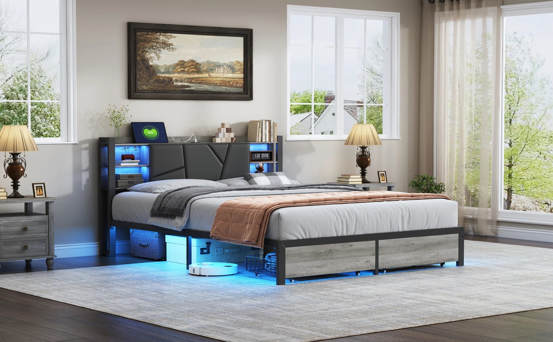 Gestoffeerd Tweepersoonsbed met Lade‑Opbergruimte, LED‑Verlichting en USB‑Oplaadpoort – 140/160/180 × 200 cm