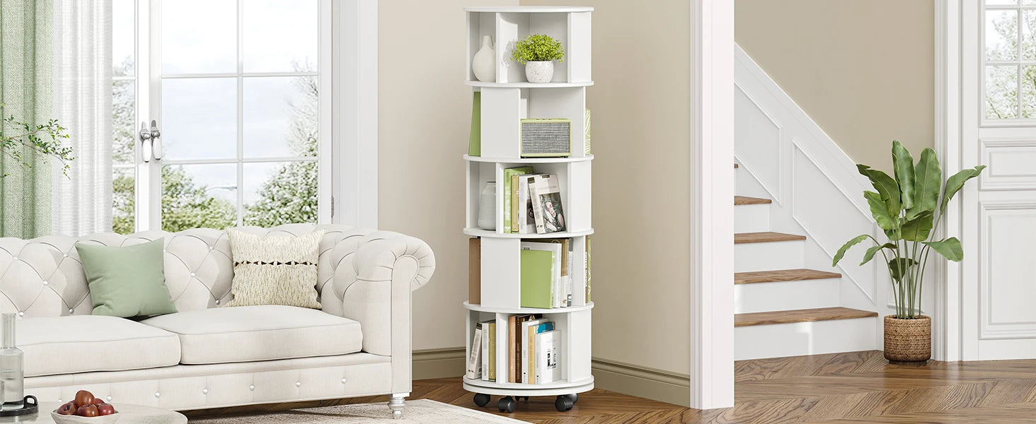 Draaibare Boekenkast 5‑Laags – 360° Roterend Boekenrek met Wielen – Wit