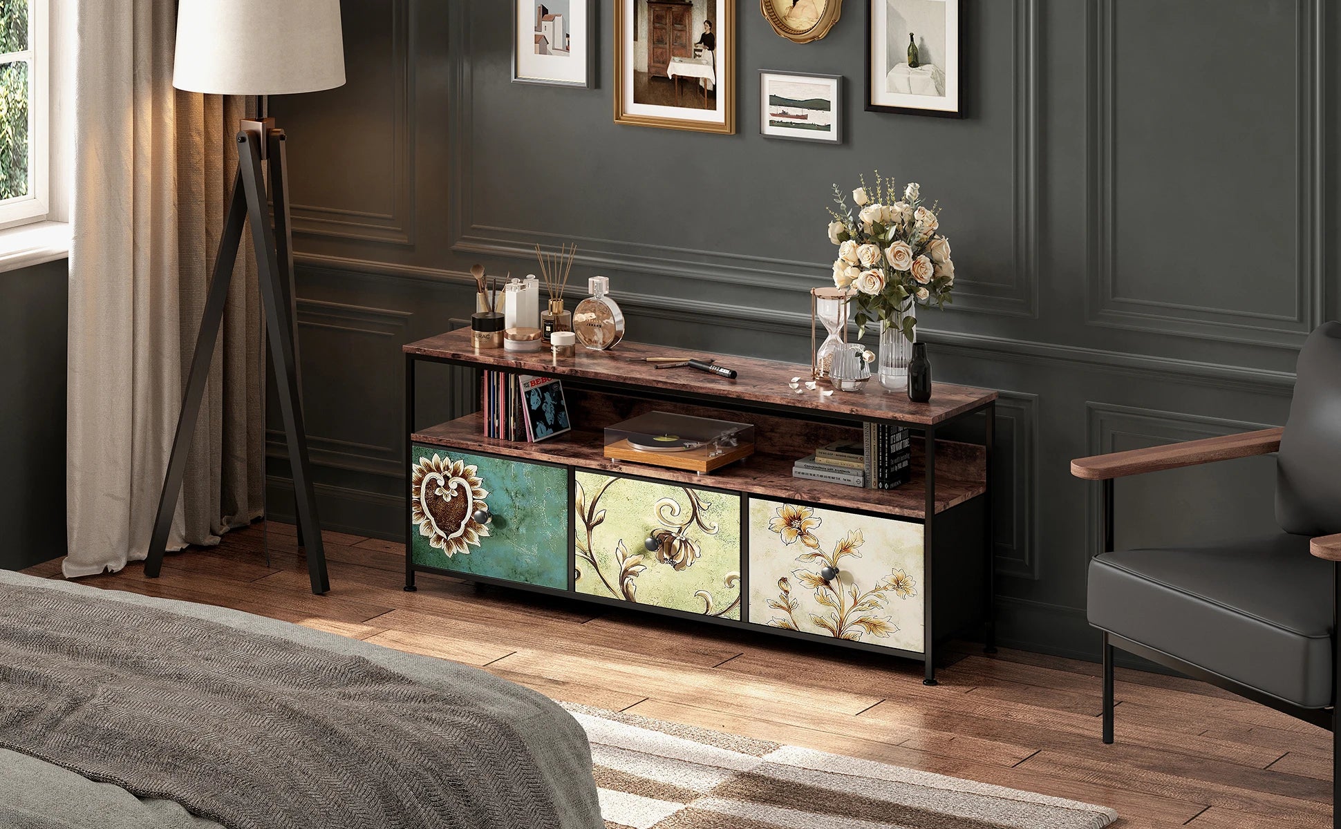 Vintage LED TV‑Meubel met 3 Stoffen Lades – Industrieel & Retro Design