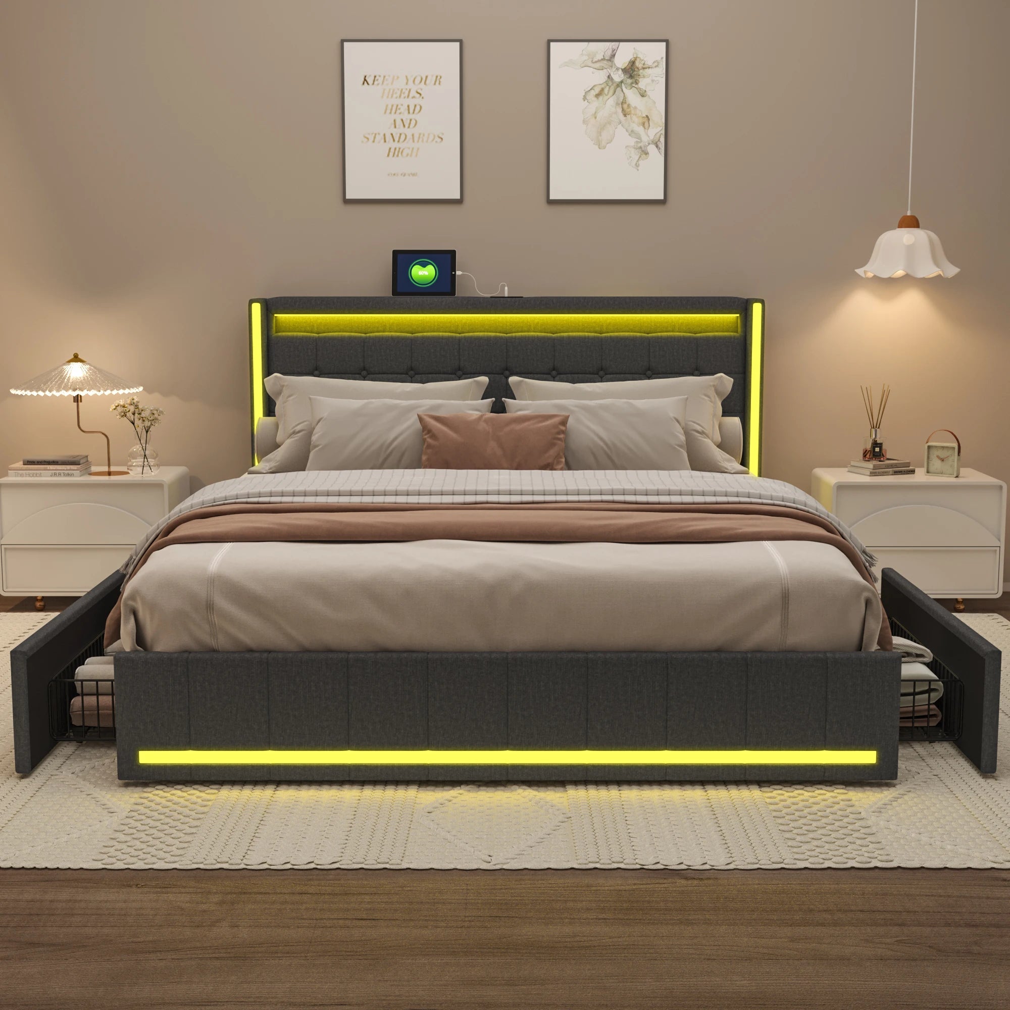 Linnen Bed 140-160x200 cm met Opberglades, LED Verlichting & USB Oplaadpoorten