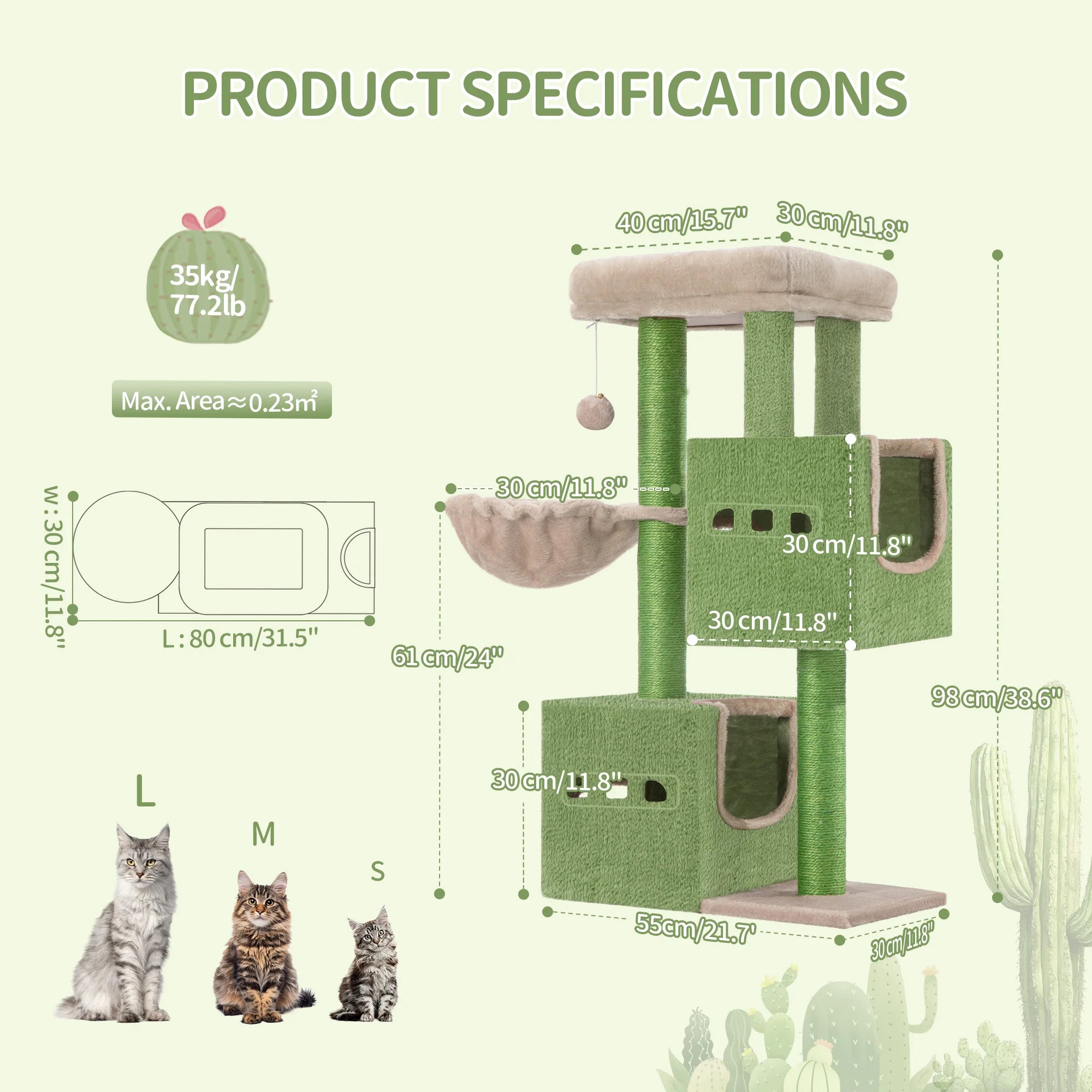 Krabpaal 98 cm – Stabiele Kattenboom met Grote Ligplek, 2 Holletjes, Sisal Krabpalen & Speelballen – Ideaal voor Meerdere Katten