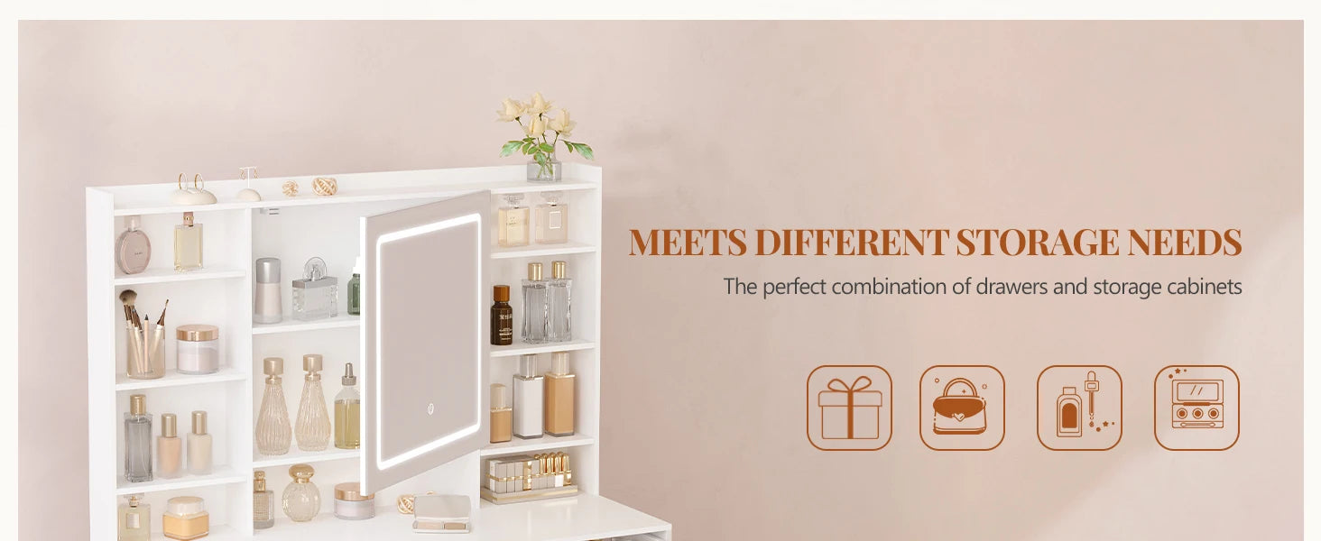Kaptafel met Spiegel – Moderne Make‑Up Tafel met 5 Laden, 2 Kastjes & 9 Open Vakken