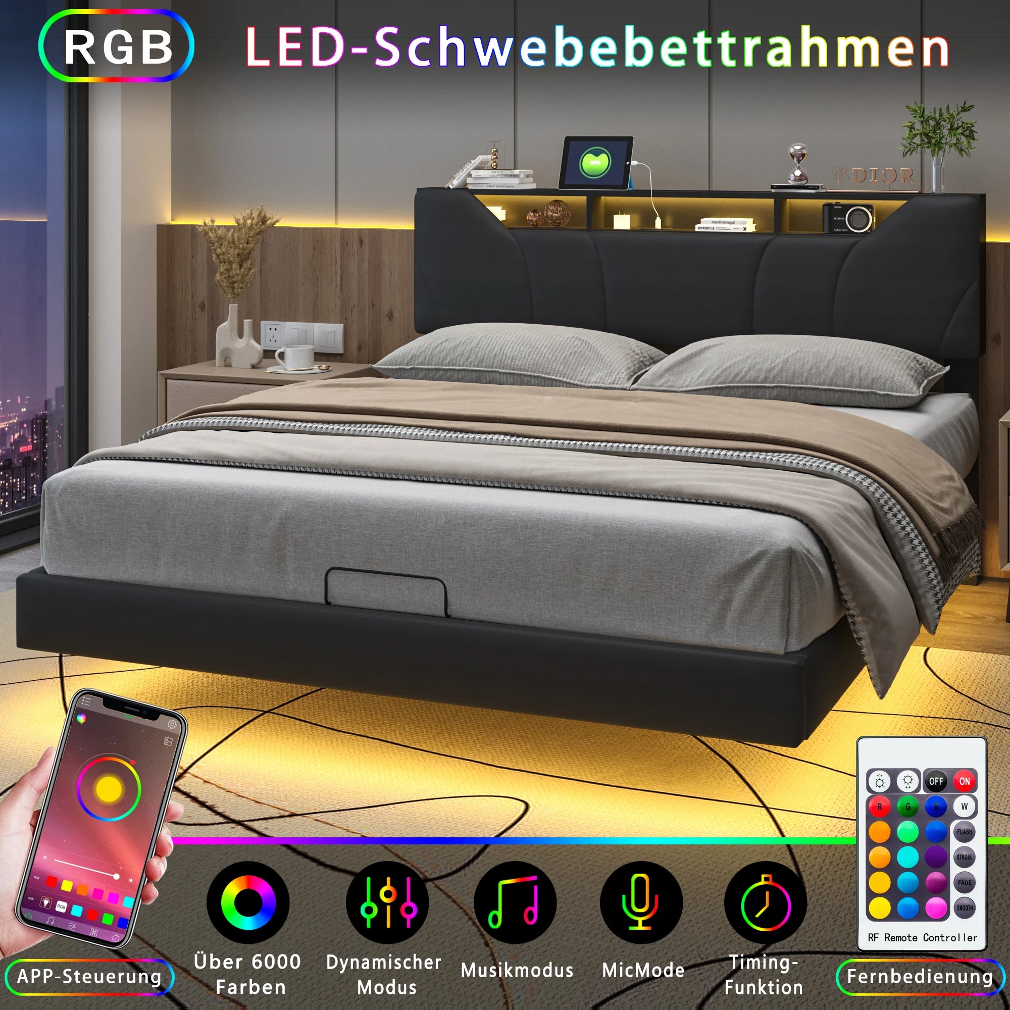 Gestoffeerd Tweepersoonsbed 140‑160×200 cm Met Opbergruimte, Hydraulisch Liftsysteem & LED‑Verlichting