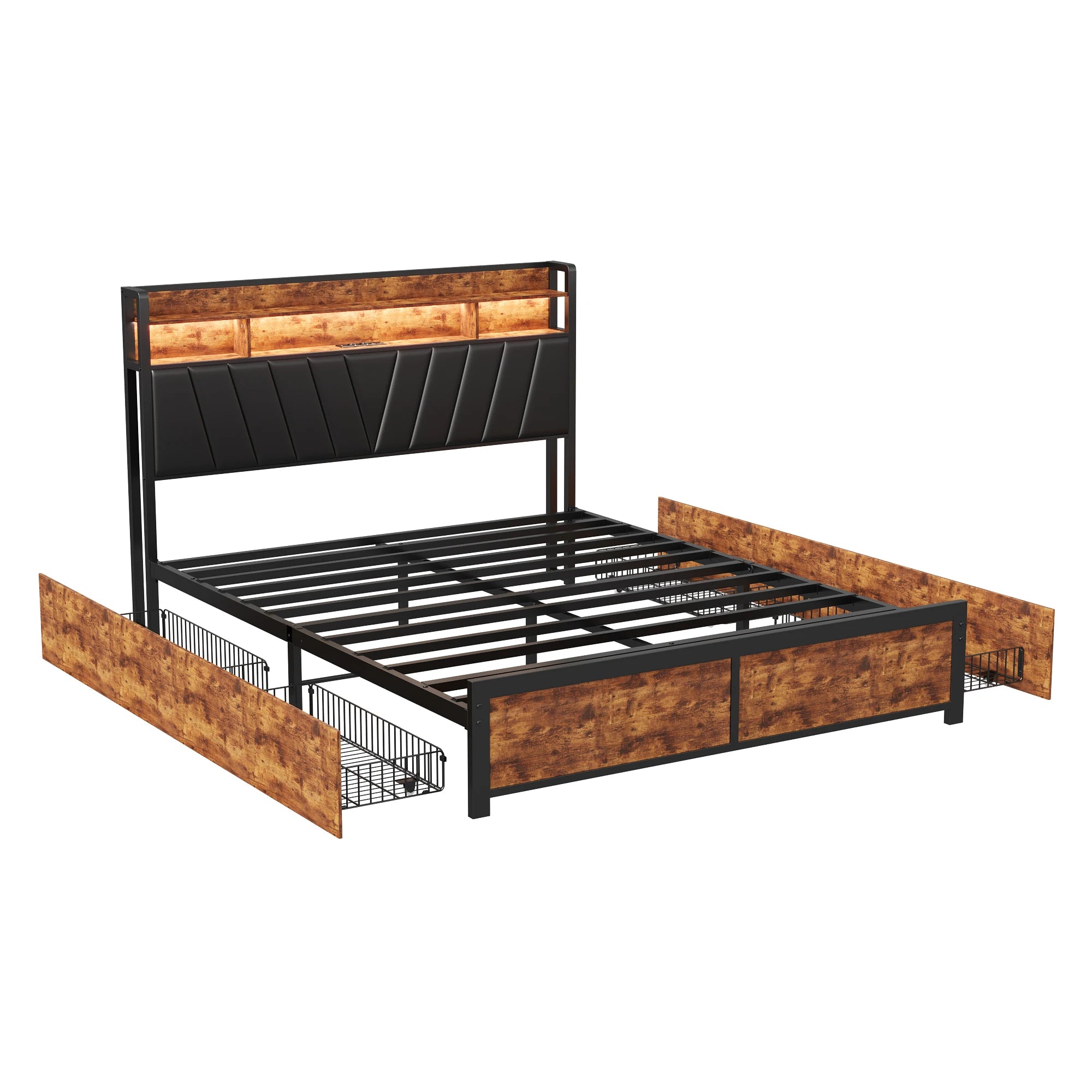 Tweepersoonsbedframe met LED‑verlichting en opbergruimte – 140‑180×200 cm