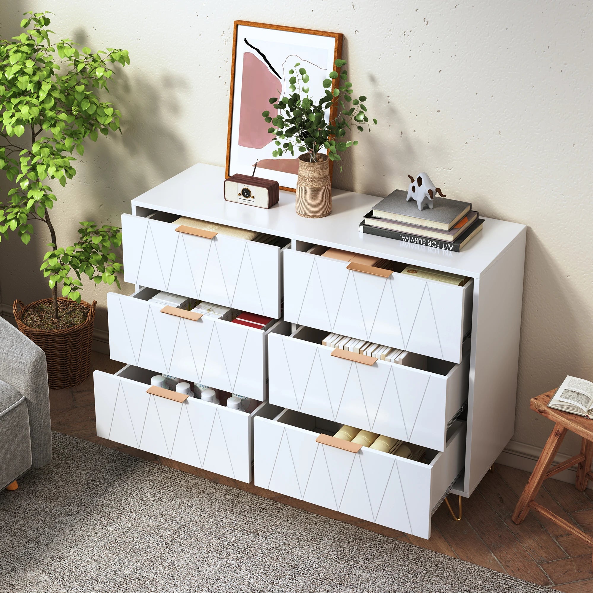 Ladekast 6 Laden – Moderne Dressoir Kast MDF met Gouden Handgrepen en Metalen Poten – Opbergkast voor Woonkamer en Slaapkamer