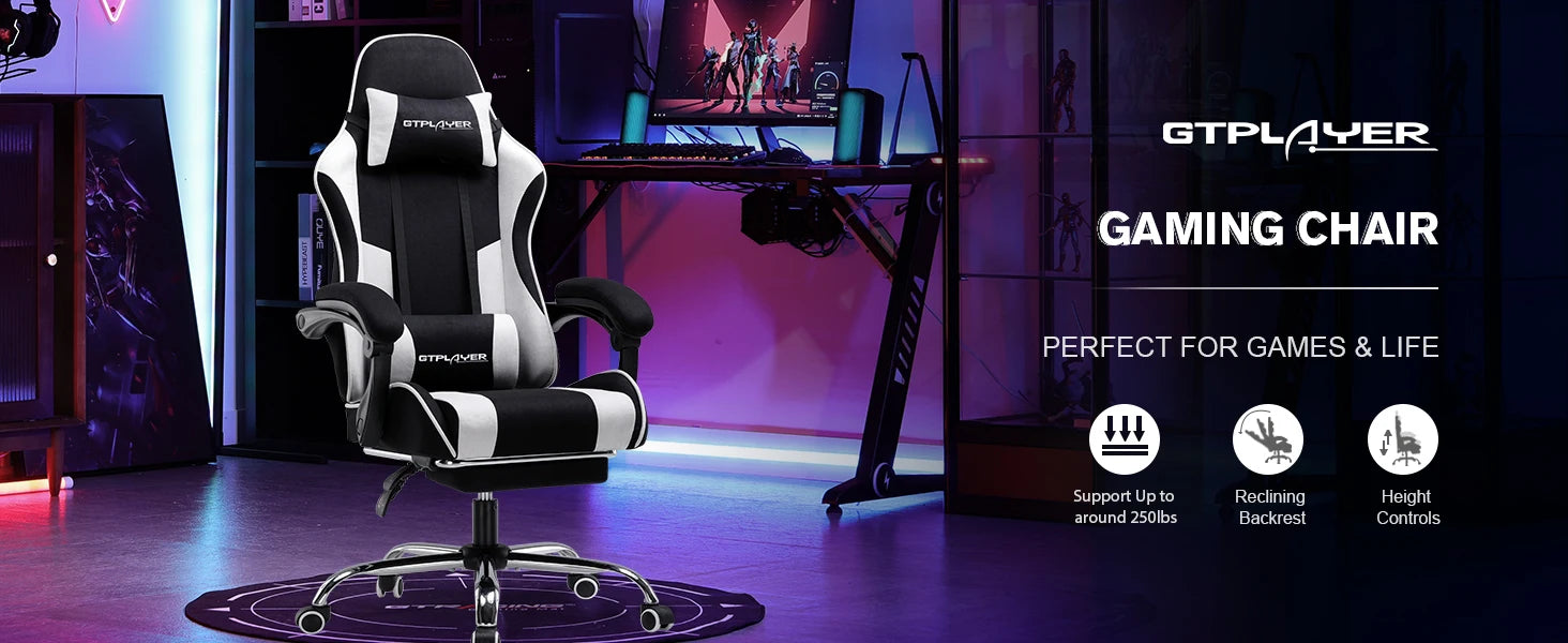 Ergonomische Gamingstoel met Voetensteun en Massage Lendenkussen – Stoffen Bureaustoel met Hoofdsteun