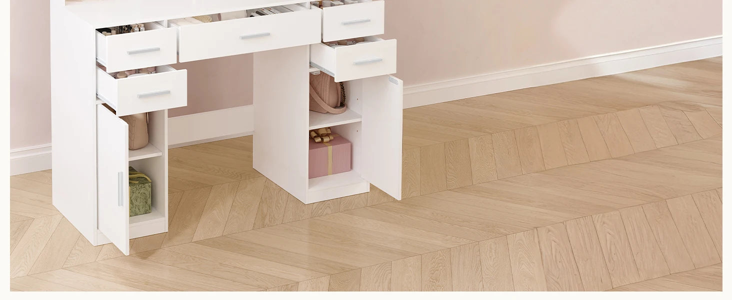 Kaptafel met Spiegel – Moderne Make‑Up Tafel met 5 Laden, 2 Kastjes & 9 Open Vakken
