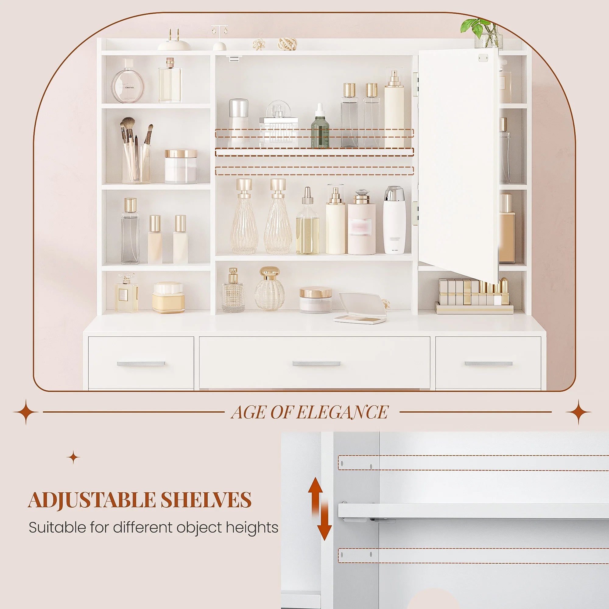 Kaptafel met Spiegel – Moderne Make‑Up Tafel met 5 Laden, 2 Kastjes & 9 Open Vakken