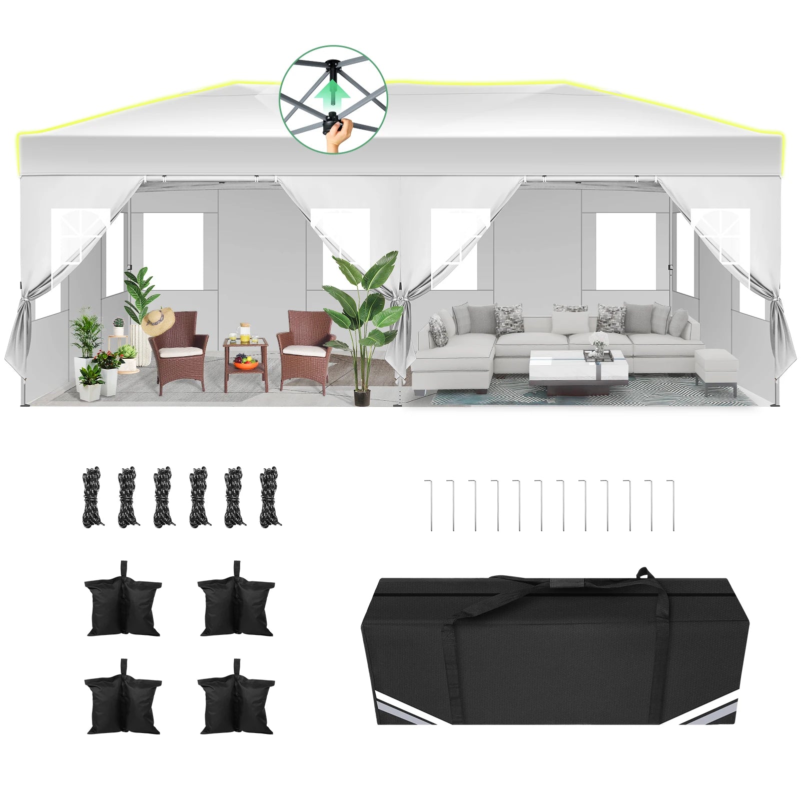3X6 Pop-Up Gazebo, Waterproof Party Tent with 6 Sidewalls,Garden Gazebo with Reflective Stripes&Ventilation Opening for Weddings