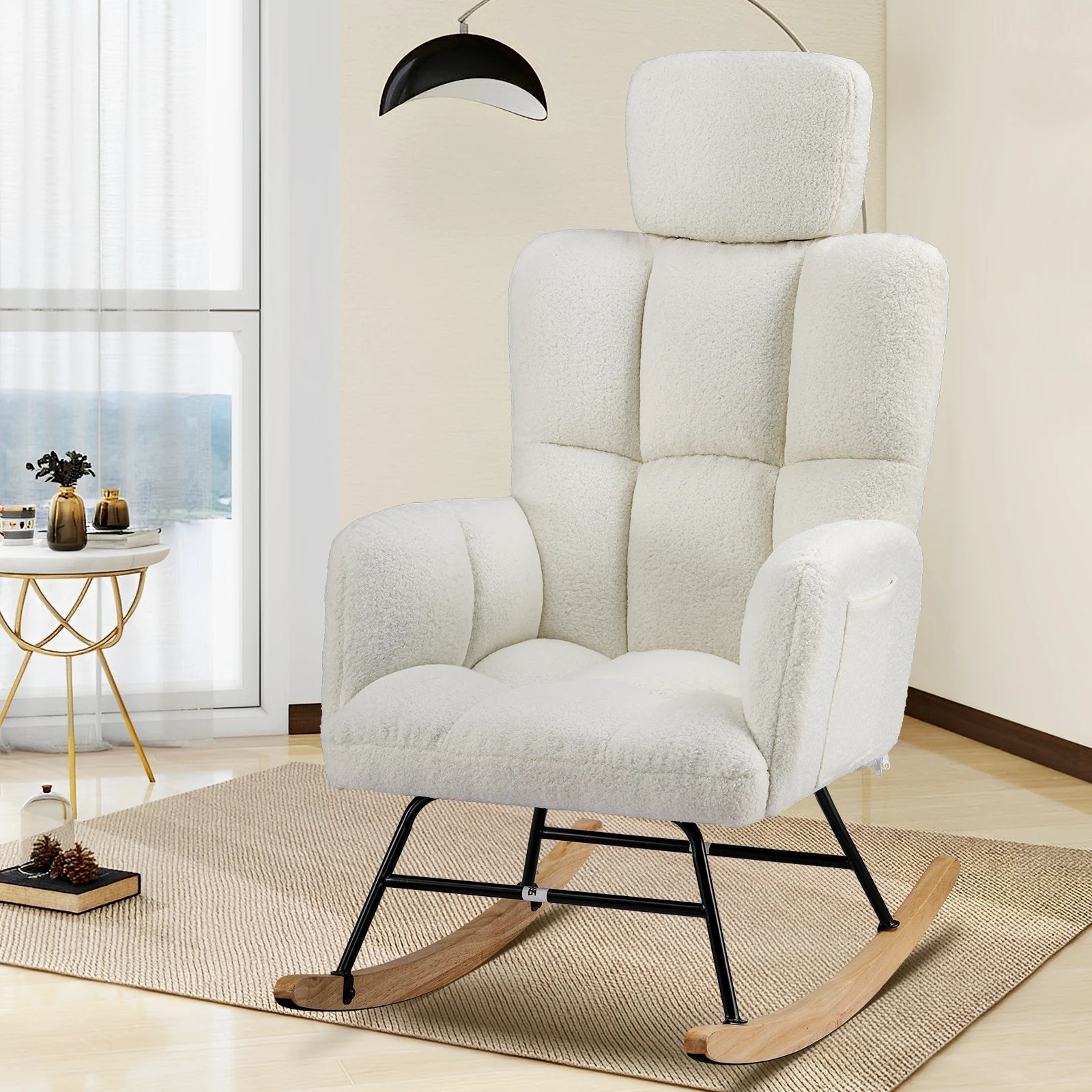 Schommelstoel Teddy – Rocking Chair met Armleuningen en Hoofdsteun – Zachte Fauteuil Beige