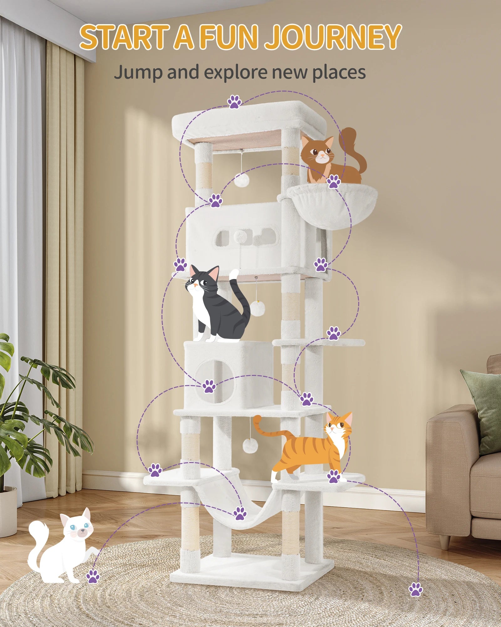 210 cm Grote Krabpaal Kattenboom – Luxe Multi-Level Kattenhuis met Krabpalen, Hangmat & Speelgoed voor Grote en Meerdere Katten
