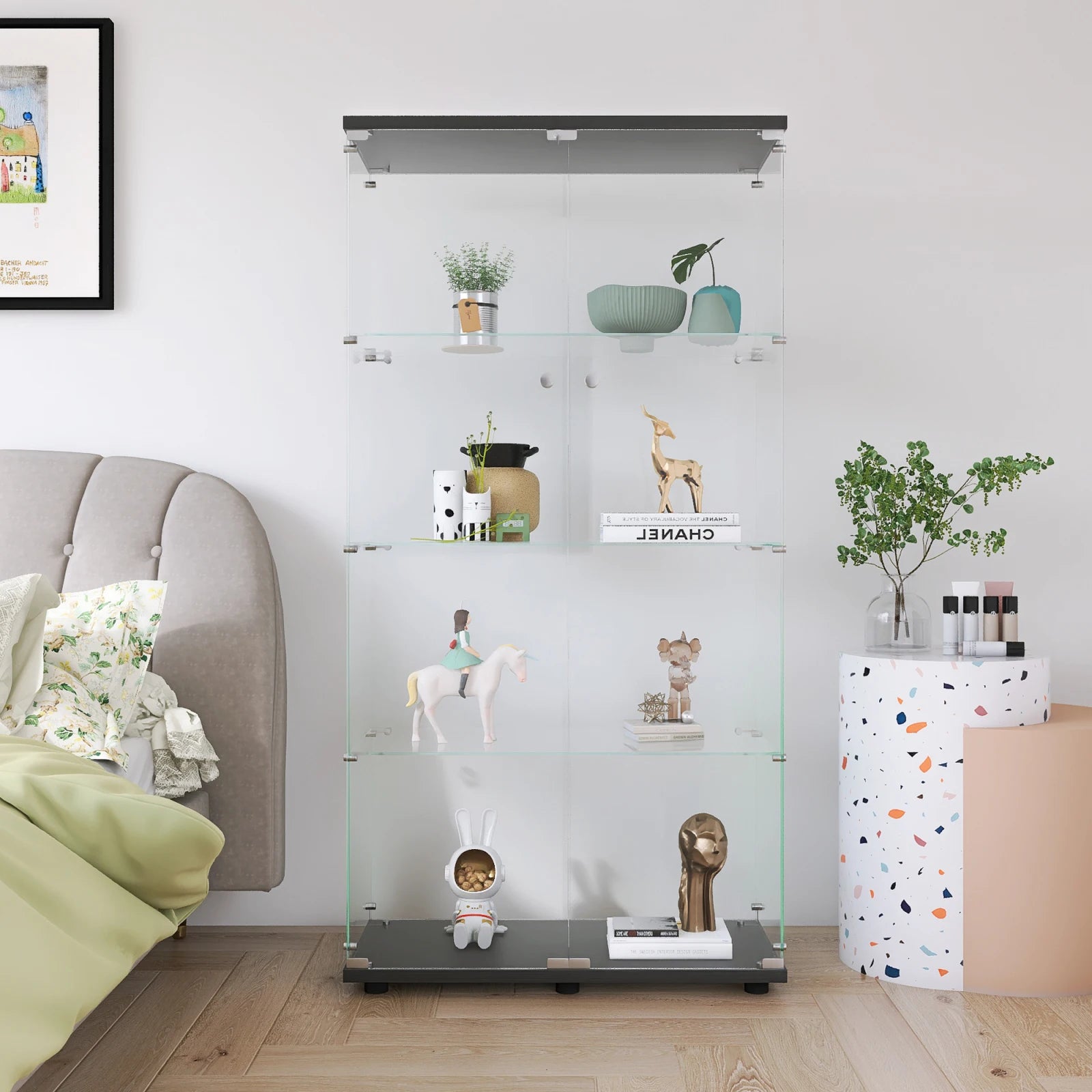 Staande LED Vitrinekast met 4 Niveaus – Moderne Displaykast voor Woonkamer & Slaapkamer