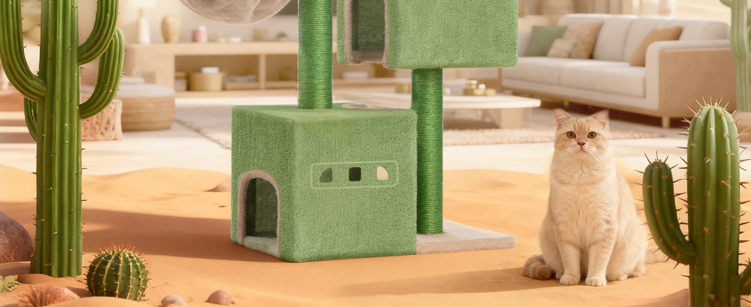 Krabpaal 98 cm – Stabiele Kattenboom met Grote Ligplek, 2 Holletjes, Sisal Krabpalen & Speelballen – Ideaal voor Meerdere Katten