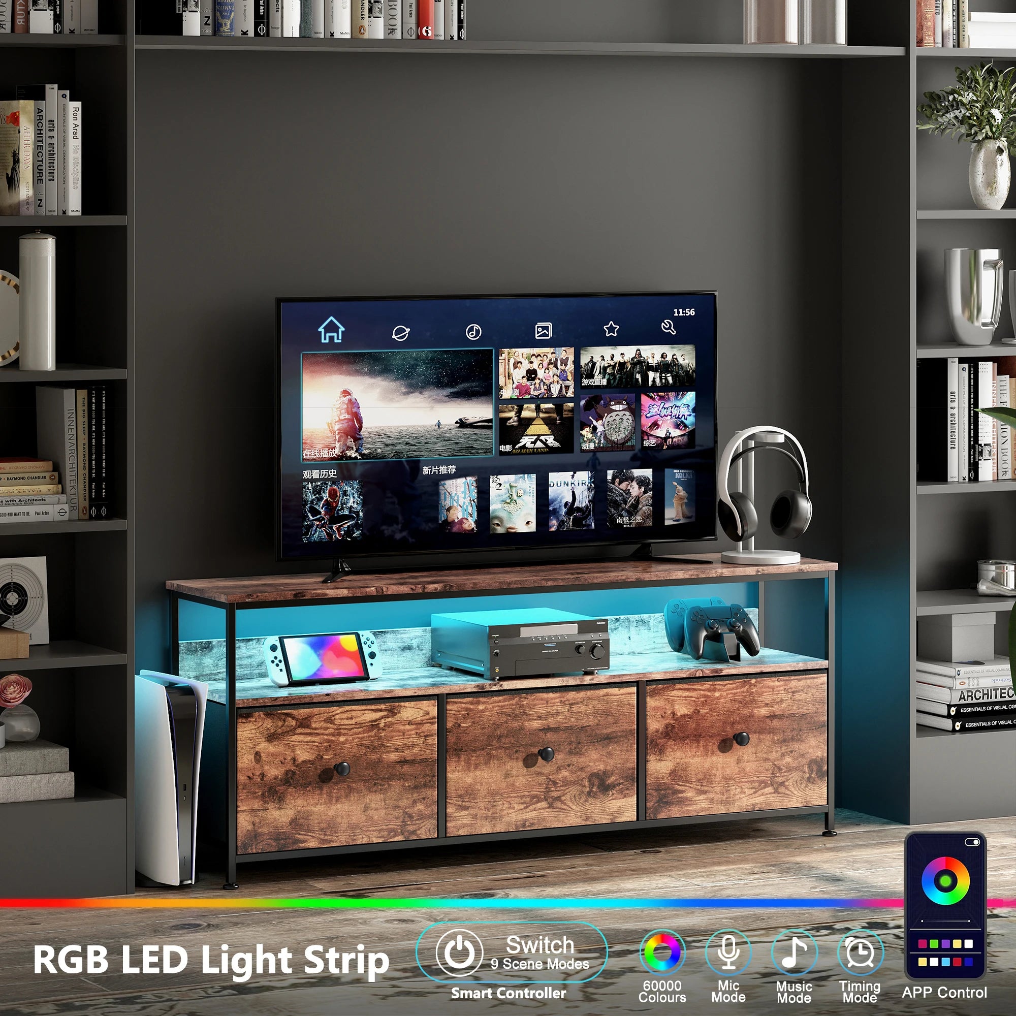 Vintage LED TV‑Meubel met 3 Stoffen Lades – Industrieel & Retro Design