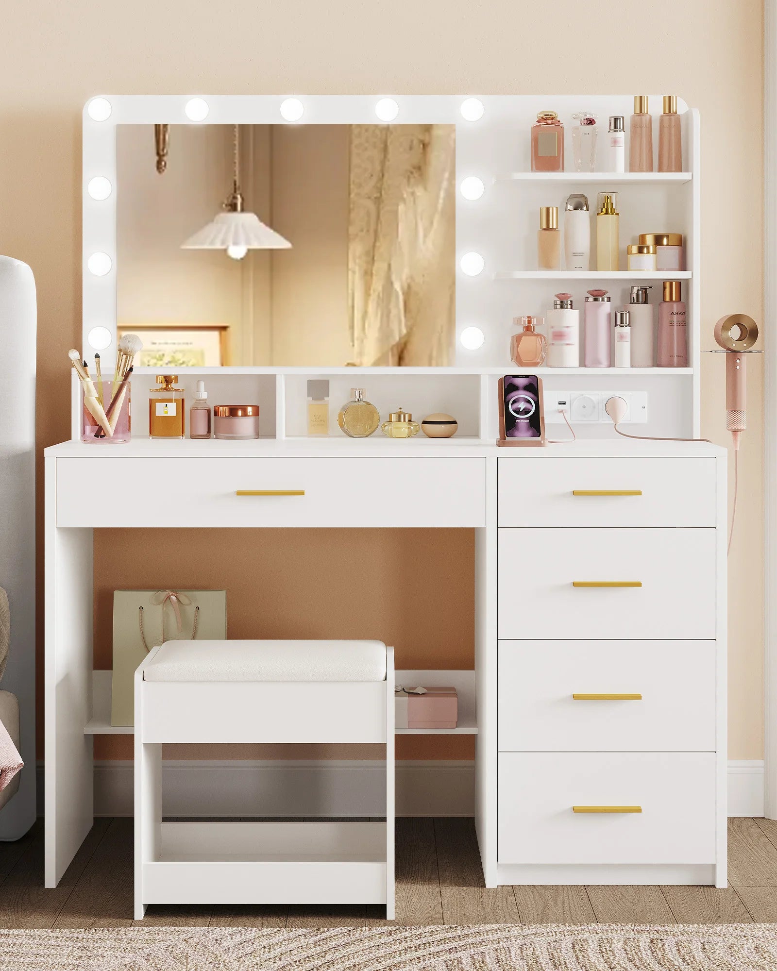 Grote Make‑up Tafel met LED Spiegel, Kruk en Oplaadstation – Moderne Schoonheidstafel voor Slaapkamer