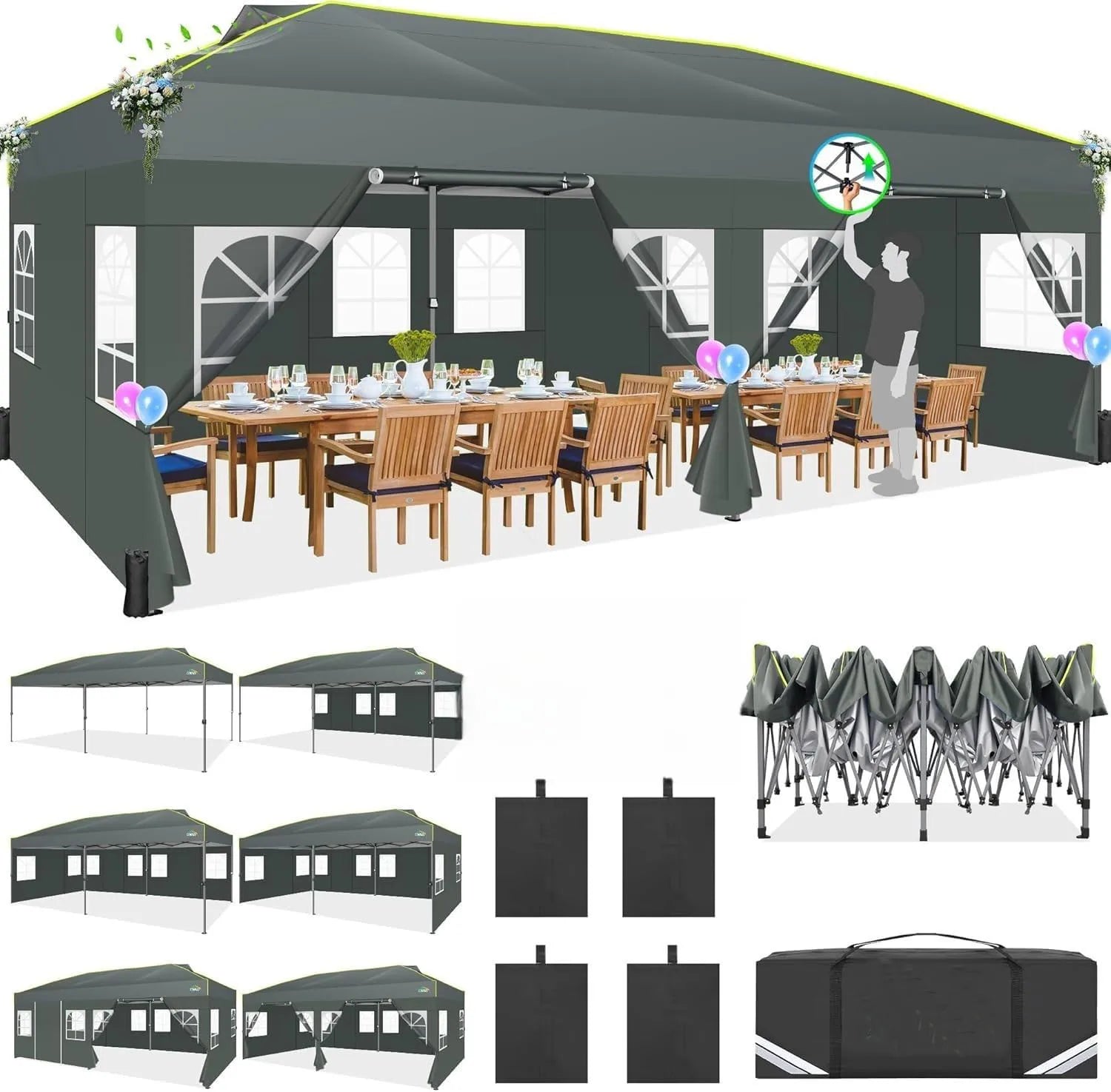 3X6 Pop-Up Gazebo, Waterproof Party Tent with 6 Sidewalls,Garden Gazebo with Reflective Stripes&Ventilation Opening for Weddings