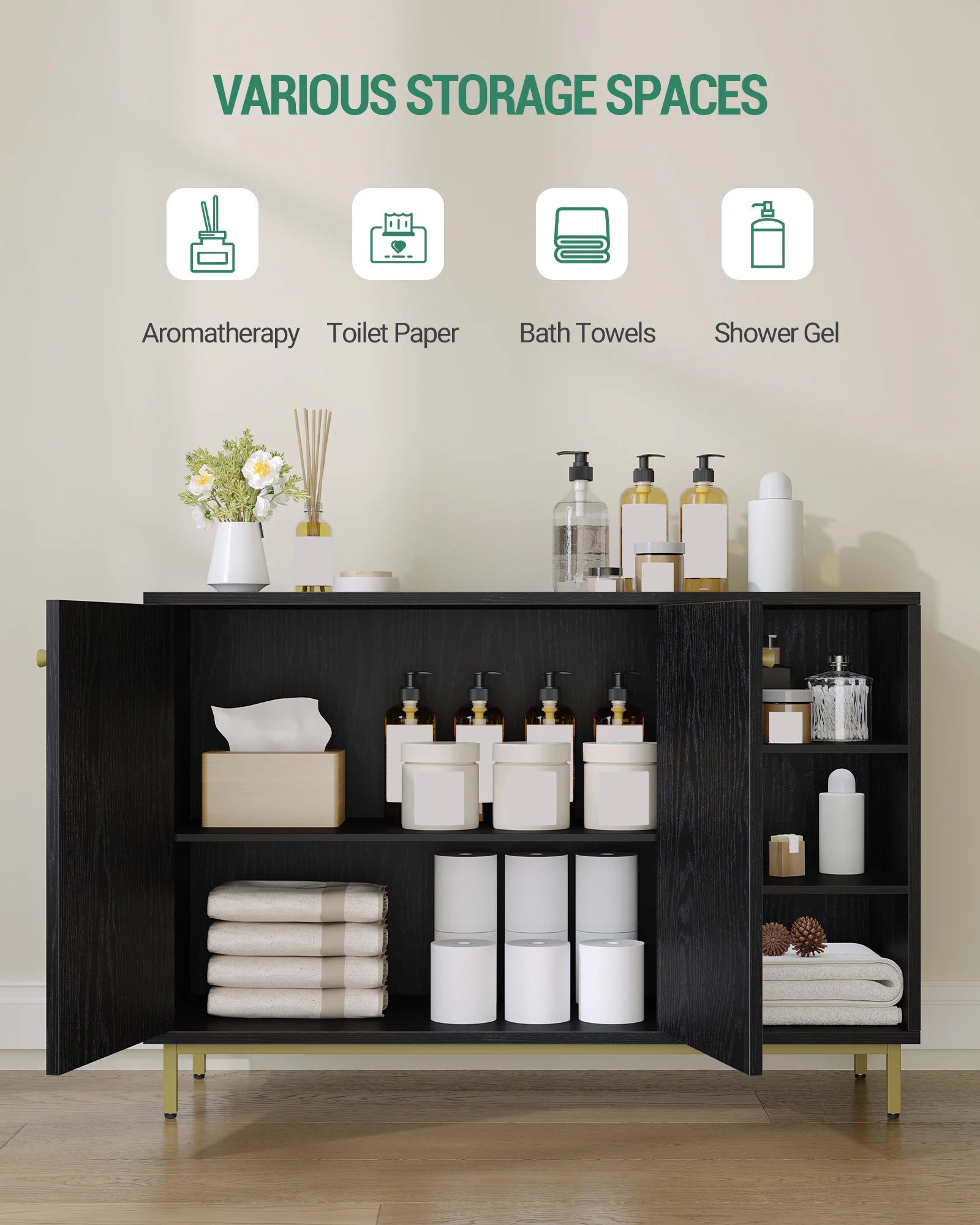 Badkamerkast met Deuren en Open Vakken – Moderne Witte Opbergkast met Verstelbare Plank en Gouden Poten – Multifunctionele Kast voor Badkamer, Woonkamer of Hal