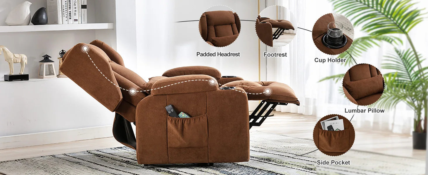 Elektrische Relaxfauteuil met Sta-op-Hulp, Massagefunctie & Stoffen Bekleding – TV‑stoel voor Woonkamer