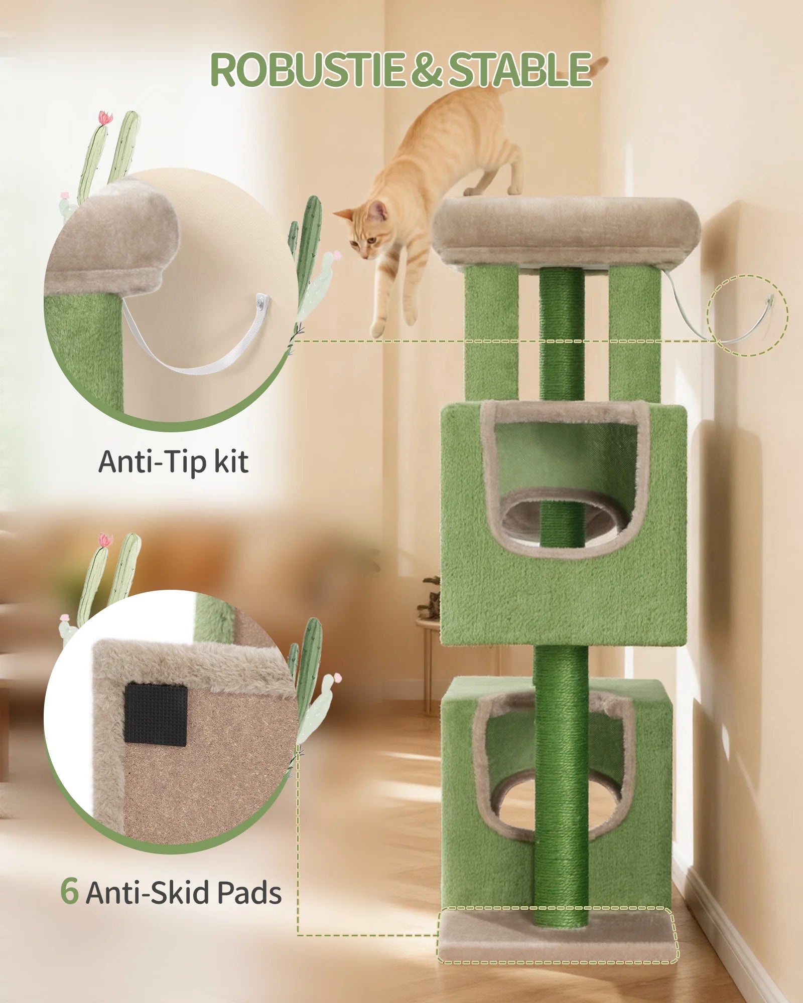 Krabpaal 98 cm – Stabiele Kattenboom met Grote Ligplek, 2 Holletjes, Sisal Krabpalen & Speelballen – Ideaal voor Meerdere Katten