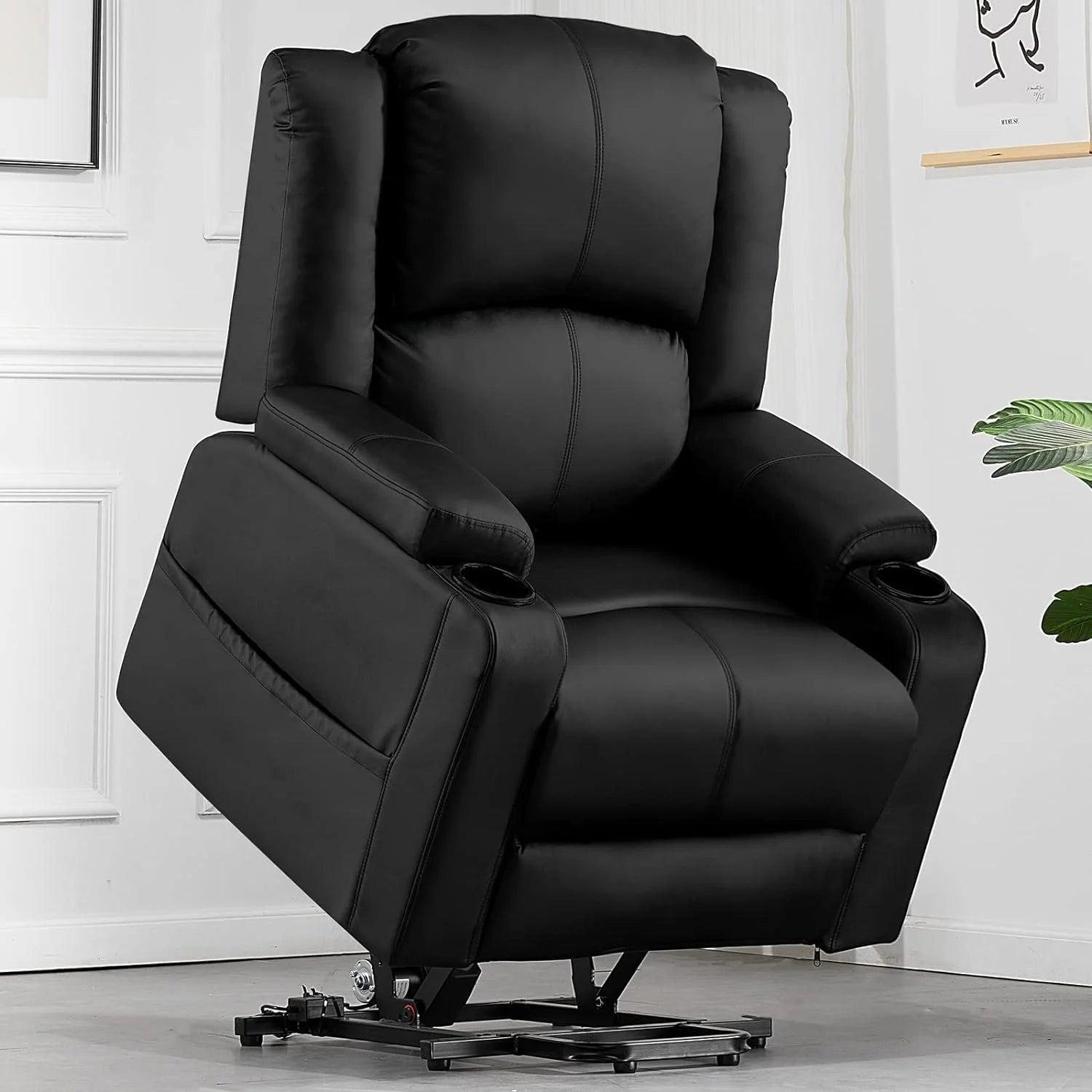 Elektrische Sta-op Relaxfauteuil met Massagefunctie – Verstelbare TV Stoel met Liftfunctie, Kunstleer & Bekerhouders