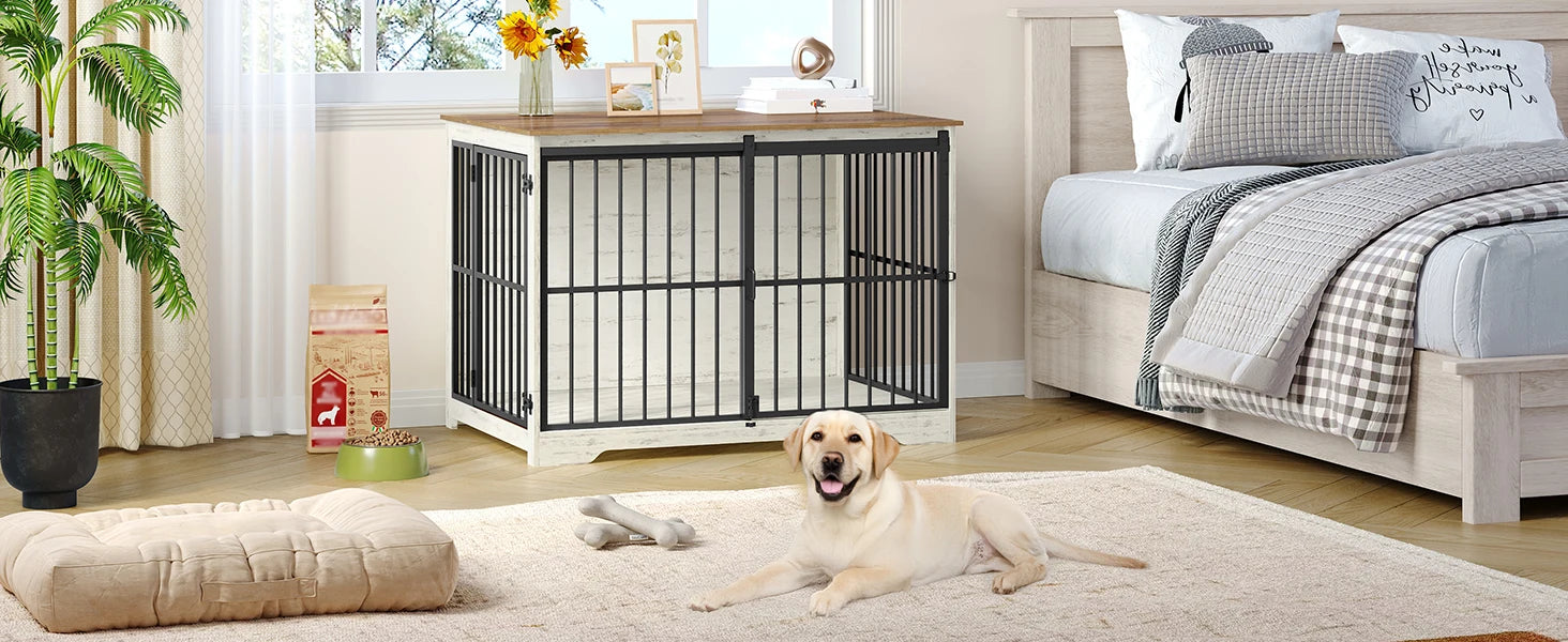 Houten Hondenbench Meubel XL met Schuifdeur – Design Hondenkooi voor Grote Honden – Industrieel Bijzettafel & Bench in Één